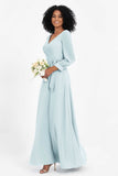 Elegance V Neck Junior Bridesmaid Dress Chiffon Long Sleeves Pleated Sashes Formal Evening Dresses