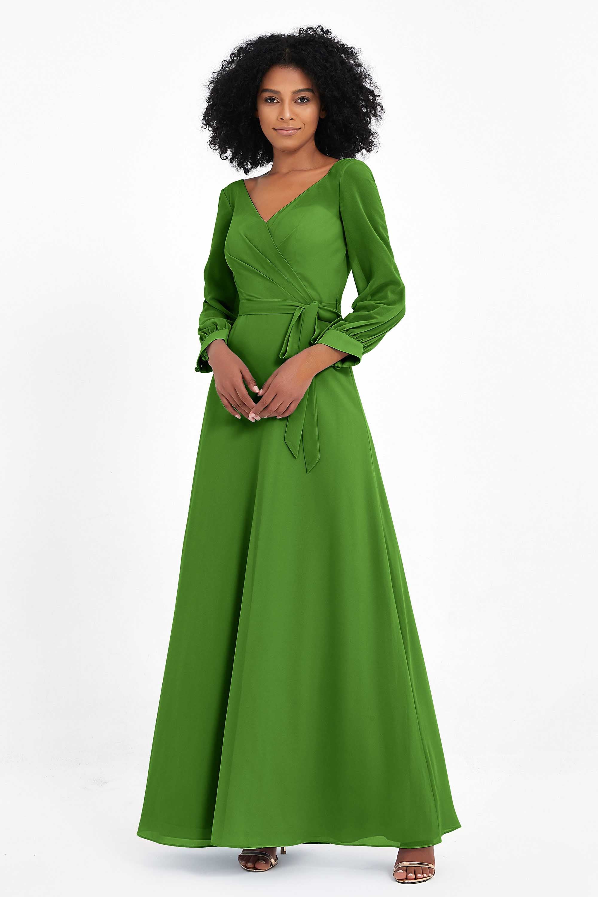 Elegance V Neck Junior Bridesmaid Dress Chiffon Long Sleeves Pleated Sashes Formal Evening Dresses