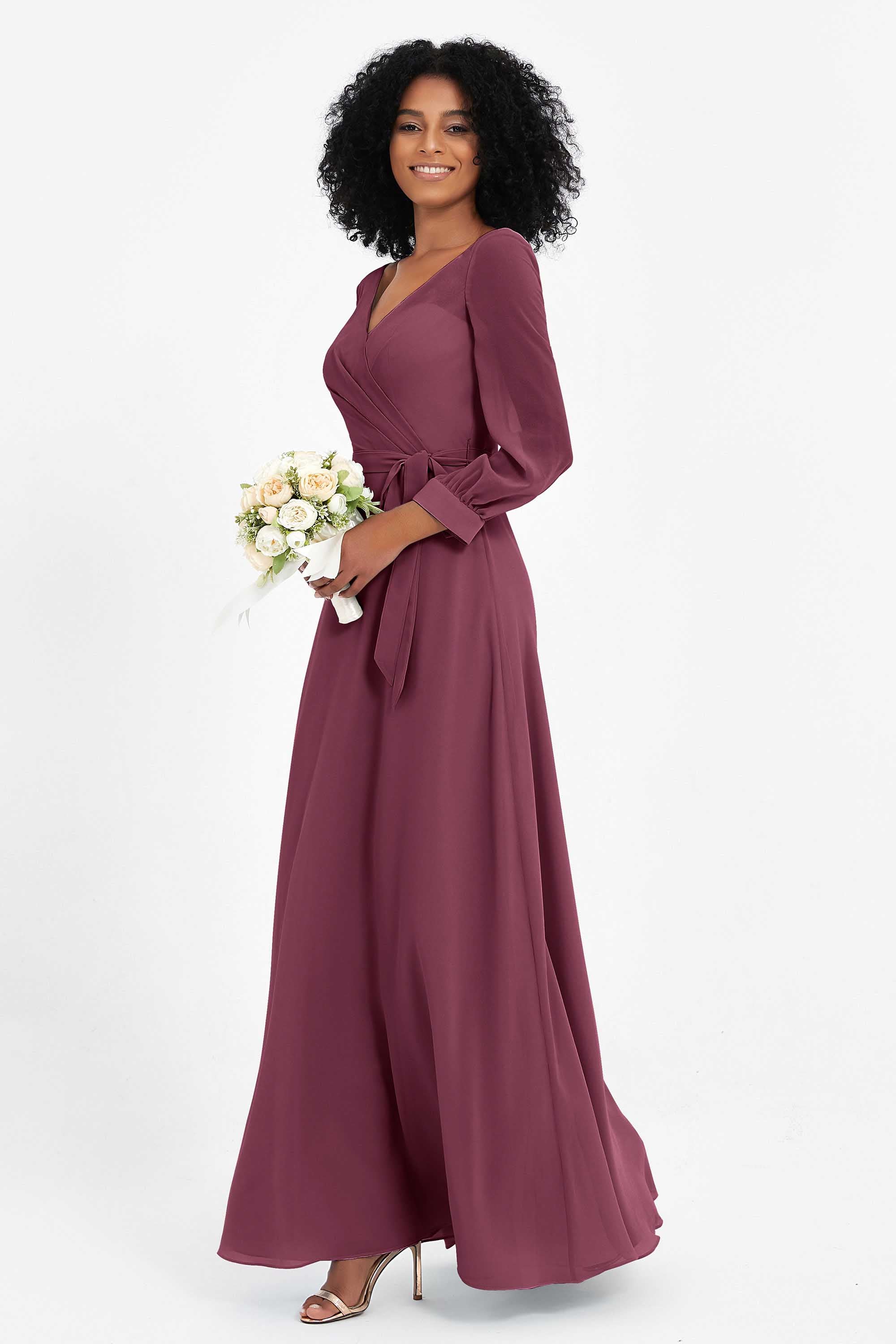 Elegance V Neck Junior Bridesmaid Dress Chiffon Long Sleeves Pleated Sashes Formal Evening Dresses