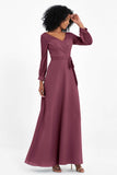 Elegance V Neck Junior Bridesmaid Dress Chiffon Long Sleeves Pleated Sashes Formal Evening Dresses