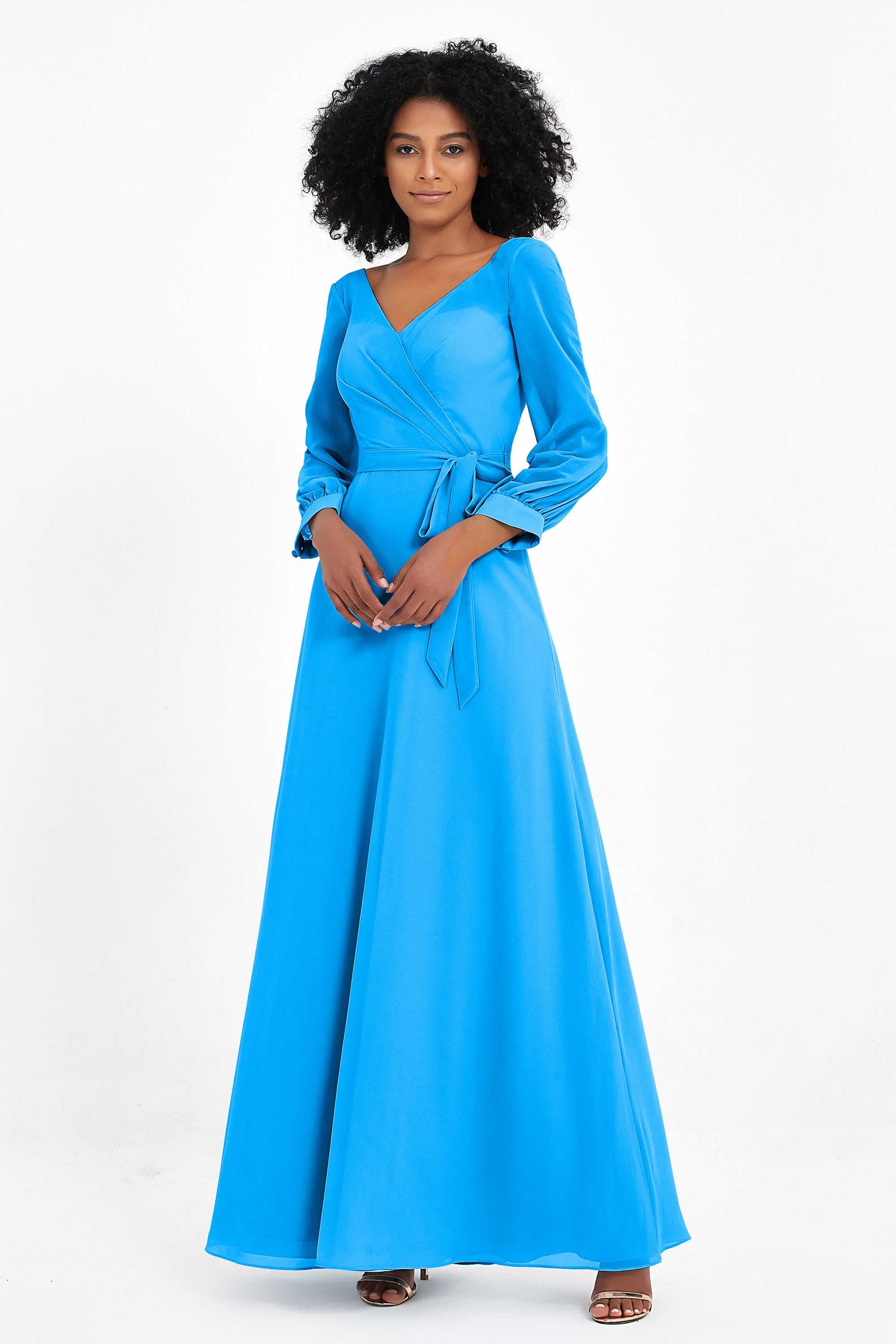 Elegance V Neck Junior Bridesmaid Dress Chiffon Long Sleeves Pleated Sashes Formal Evening Dresses