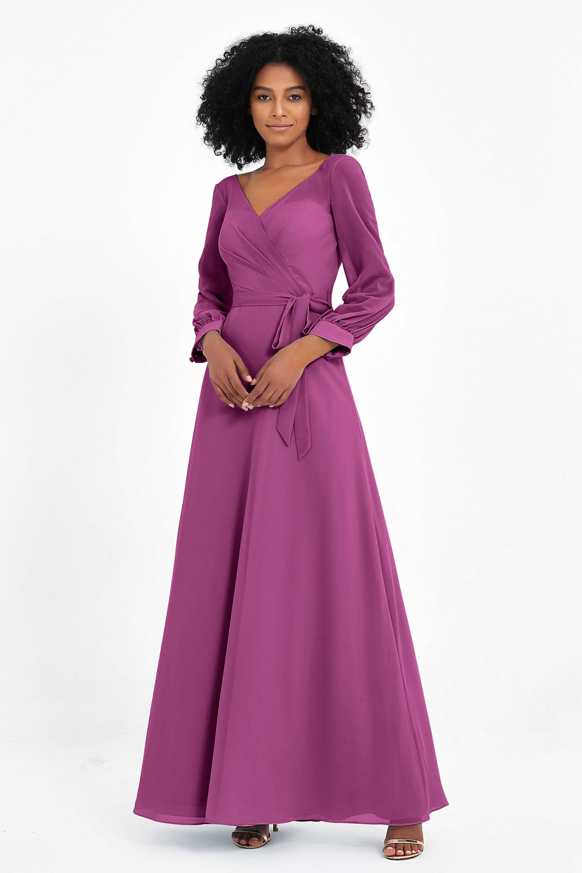 Elegance V Neck Junior Bridesmaid Dress Chiffon Long Sleeves Pleated Sashes Formal Evening Dresses