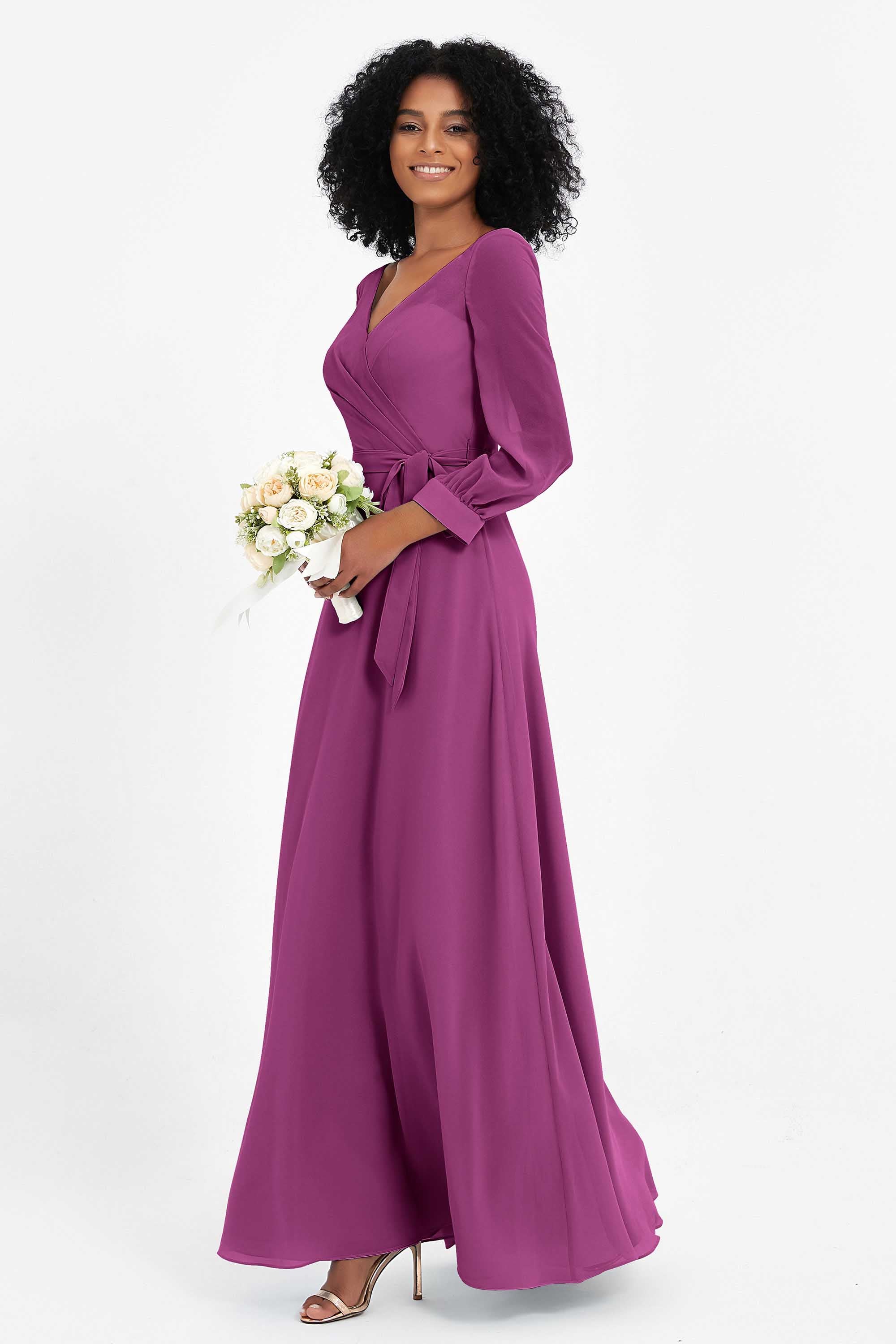 Elegance V Neck Junior Bridesmaid Dress Chiffon Long Sleeves Pleated Sashes Formal Evening Dresses