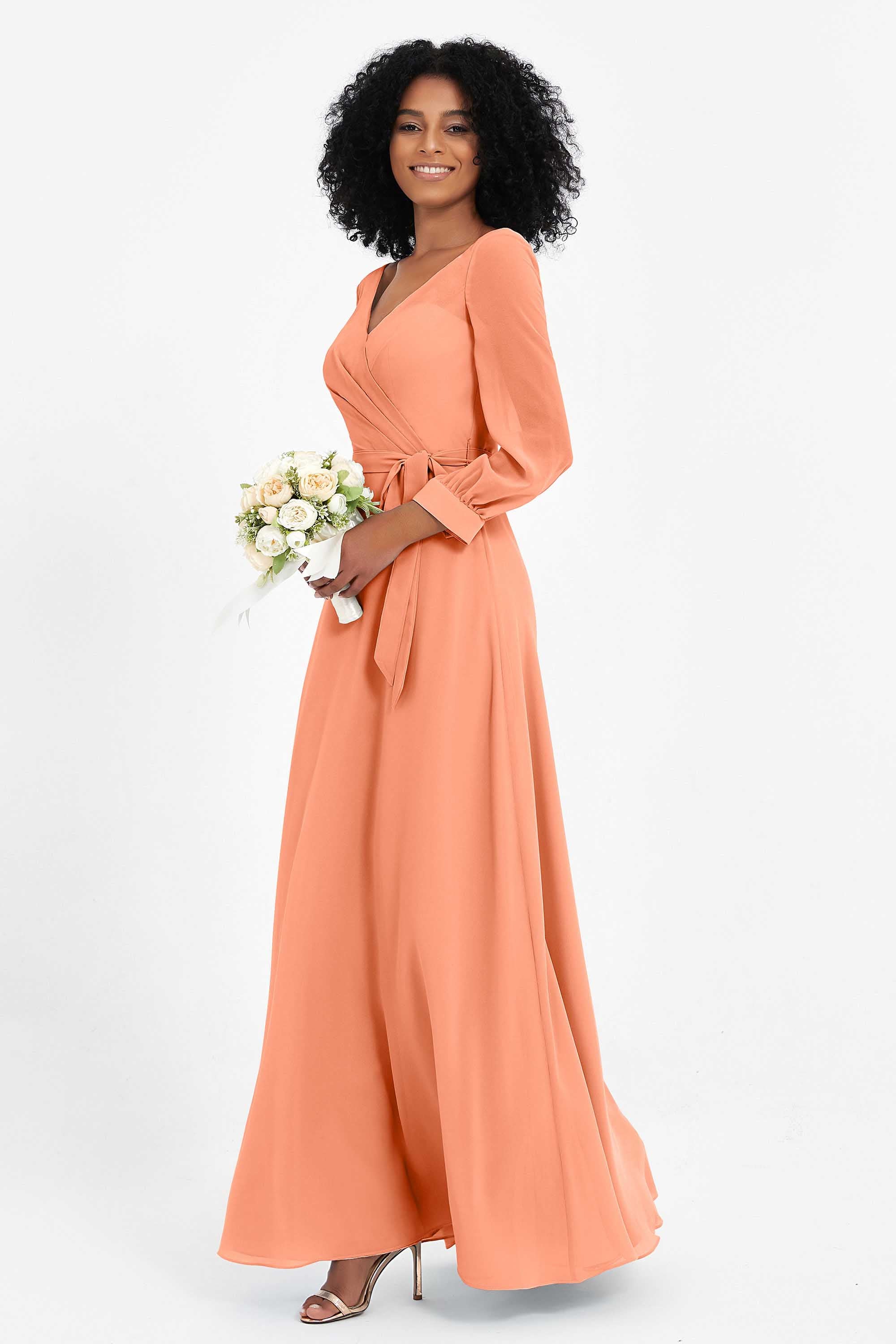 Elegance V Neck Junior Bridesmaid Dress Chiffon Long Sleeves Pleated Sashes Formal Evening Dresses