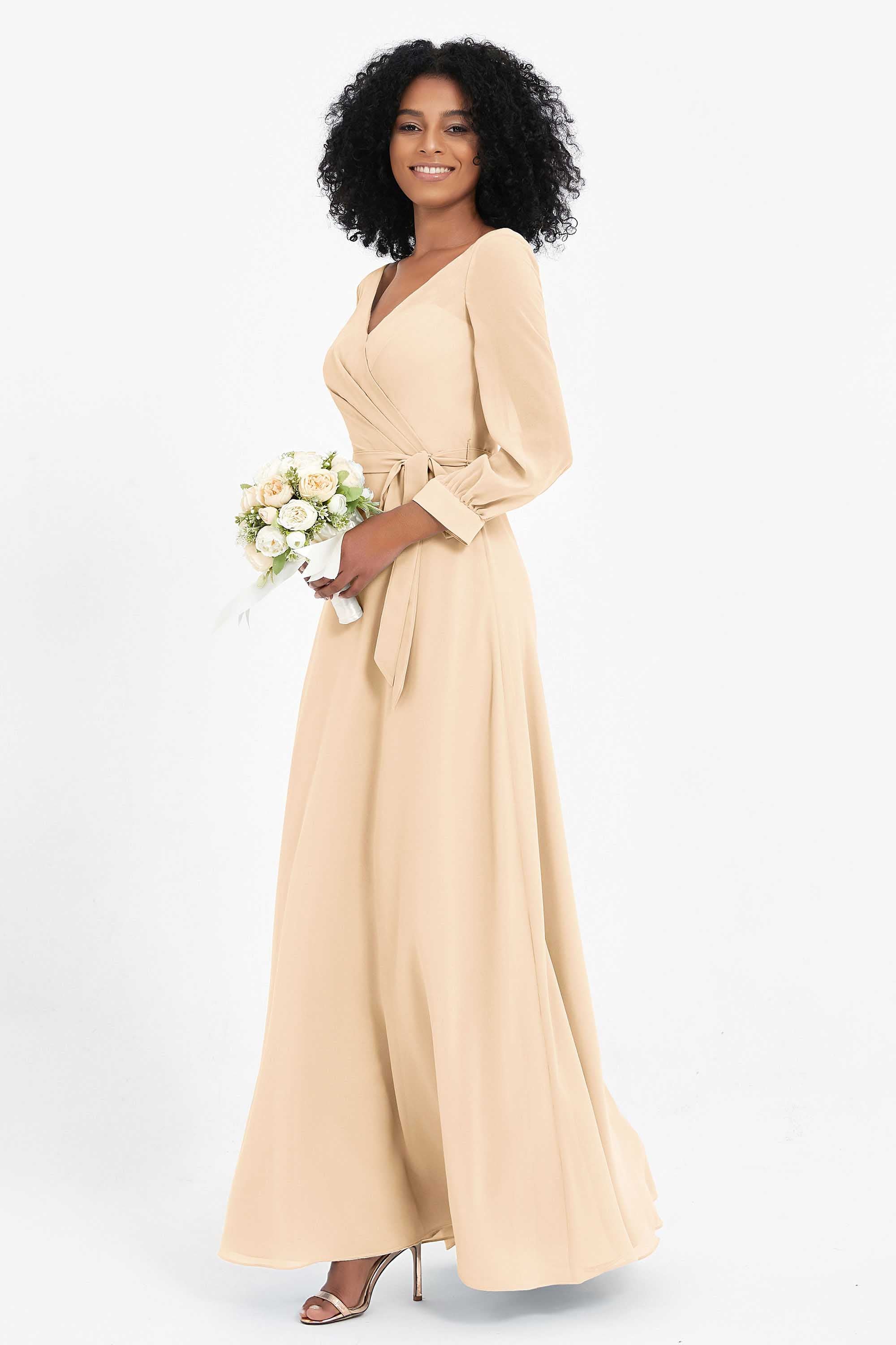 Elegance V Neck Junior Bridesmaid Dress Chiffon Long Sleeves Pleated Sashes Formal Evening Dresses