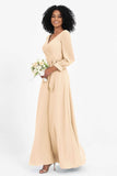 Elegance V Neck Junior Bridesmaid Dress Chiffon Long Sleeves Pleated Sashes Formal Evening Dresses