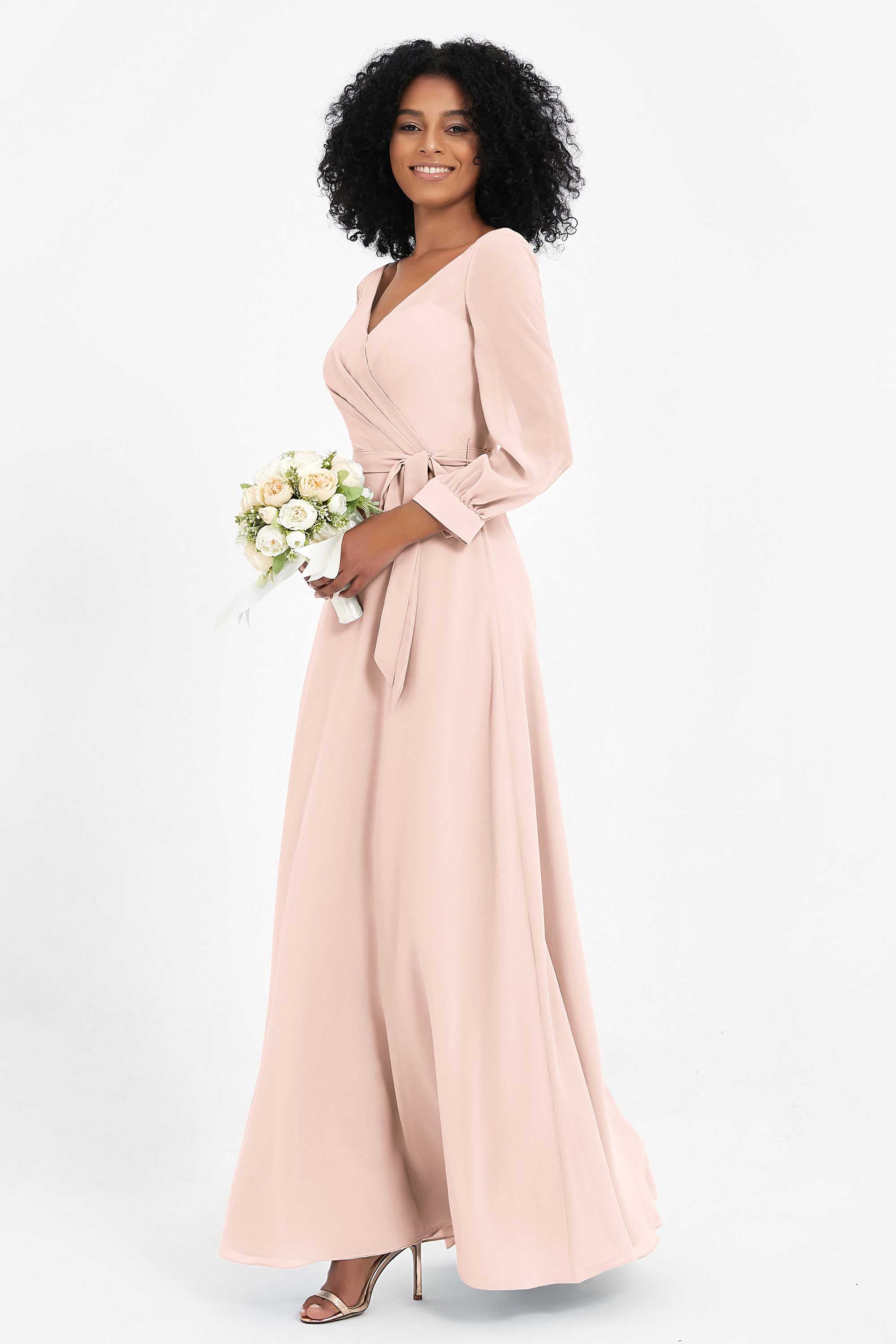 Elegance V Neck Junior Bridesmaid Dress Chiffon Long Sleeves Pleated Sashes Formal Evening Dresses