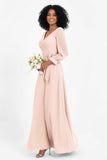 Elegance V Neck Junior Bridesmaid Dress Chiffon Long Sleeves Pleated Sashes Formal Evening Dresses