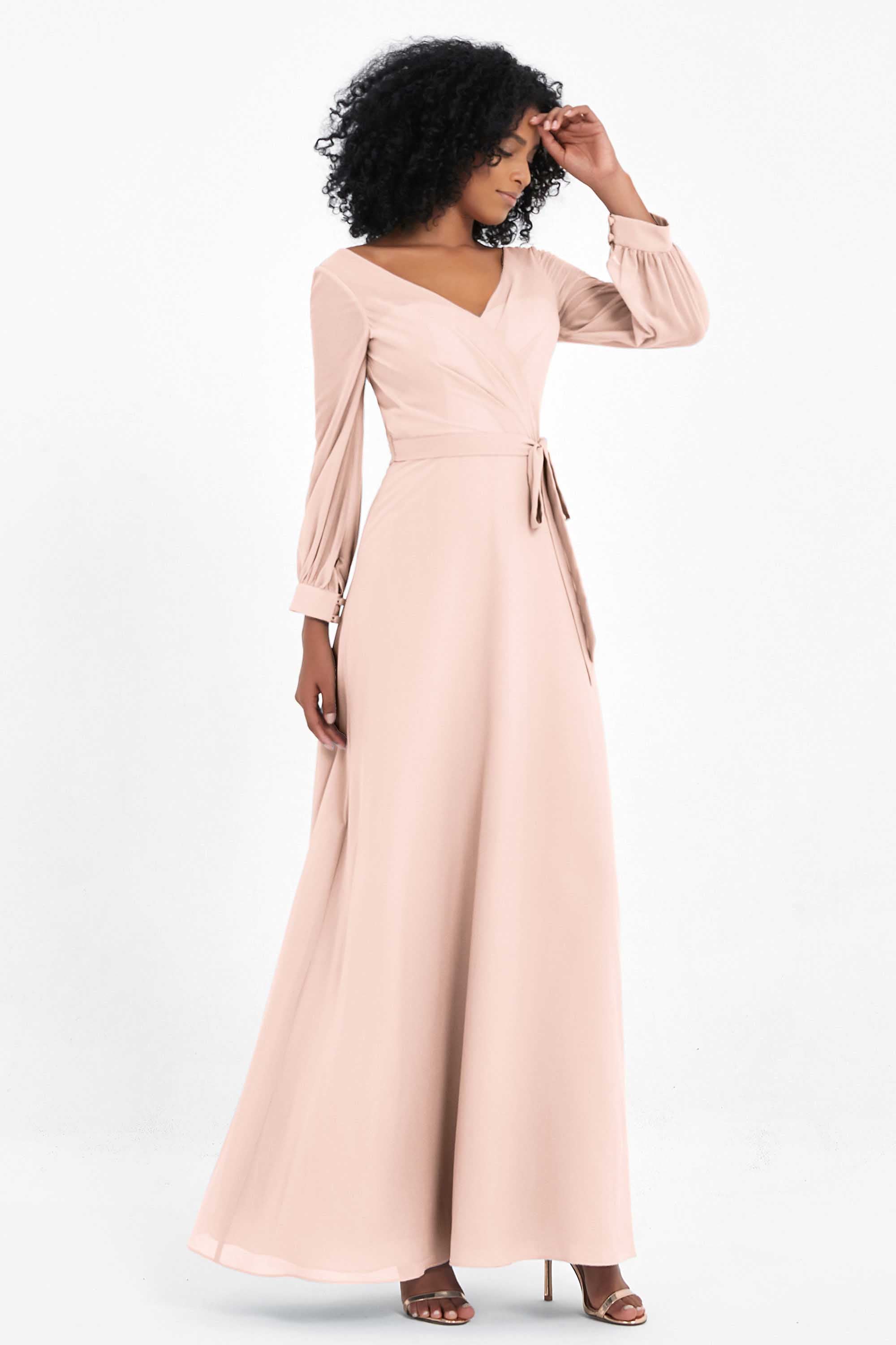 Elegance V Neck Junior Bridesmaid Dress Chiffon Long Sleeves Pleated Sashes Formal Evening Dresses