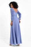 Elegance V Neck Junior Bridesmaid Dress Chiffon Long Sleeves Pleated Sashes Formal Evening Dresses