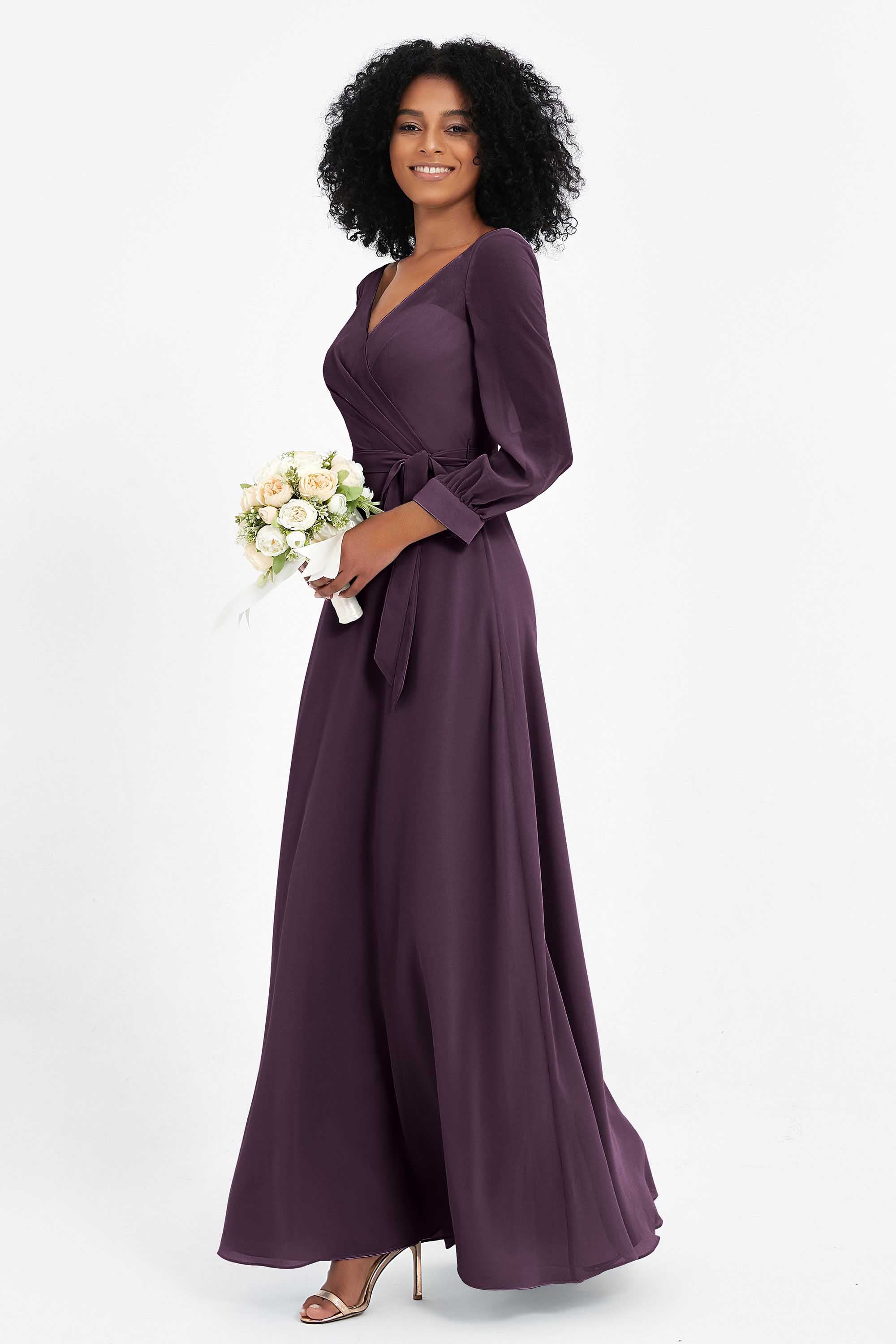 Elegance V Neck Junior Bridesmaid Dress Chiffon Long Sleeves Pleated Sashes Formal Evening Dresses