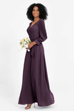 Elegance V Neck Junior Bridesmaid Dress Chiffon Long Sleeves Pleated Sashes Formal Evening Dresses