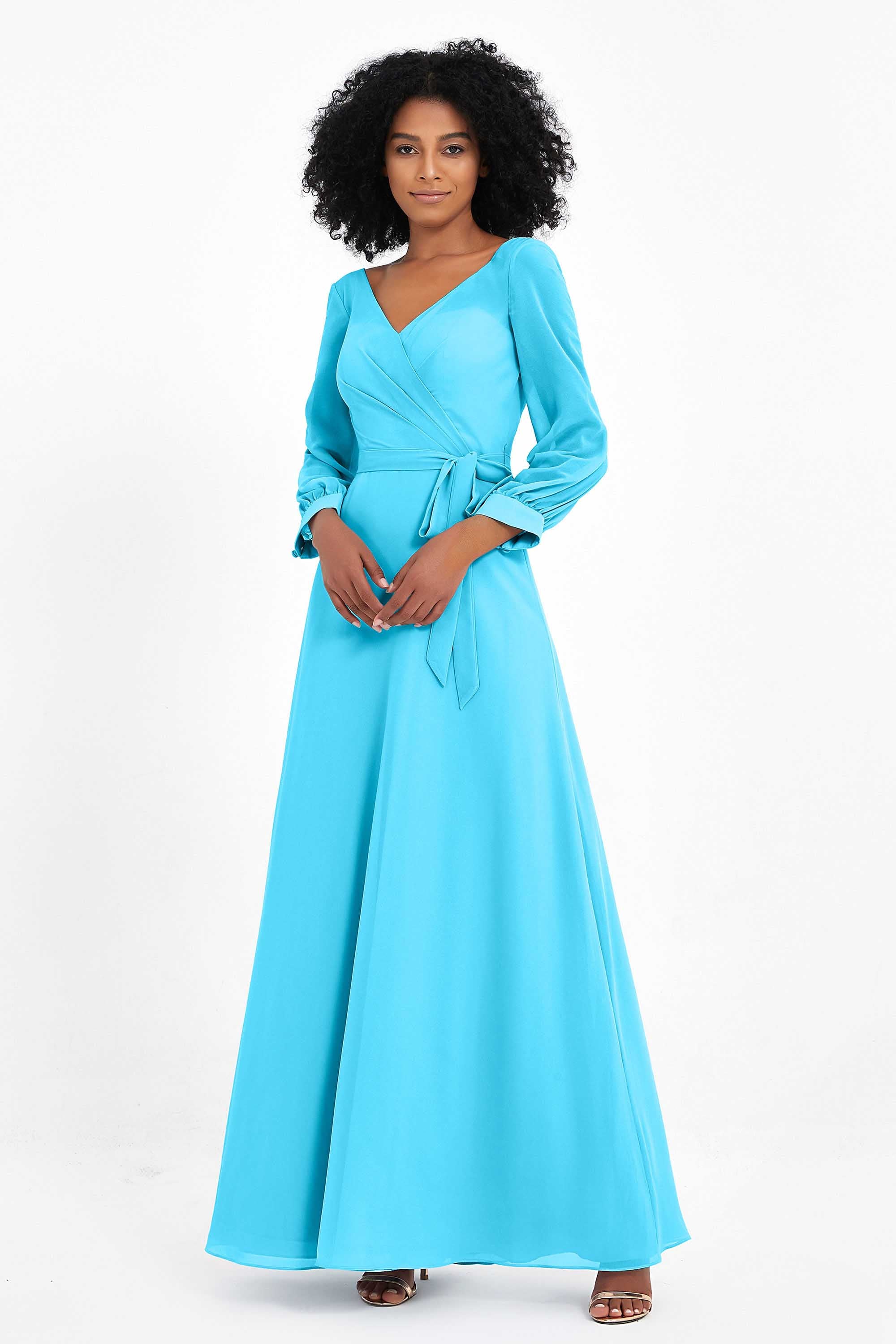 Elegance V Neck Junior Bridesmaid Dress Chiffon Long Sleeves Pleated Sashes Formal Evening Dresses