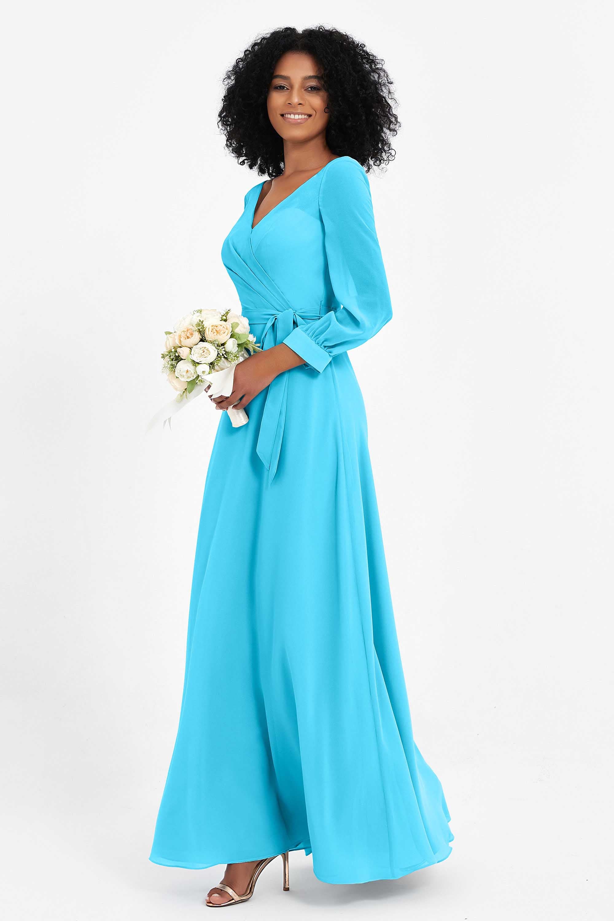 Elegance V Neck Junior Bridesmaid Dress Chiffon Long Sleeves Pleated Sashes Formal Evening Dresses