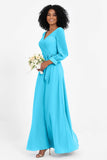Elegance V Neck Junior Bridesmaid Dress Chiffon Long Sleeves Pleated Sashes Formal Evening Dresses