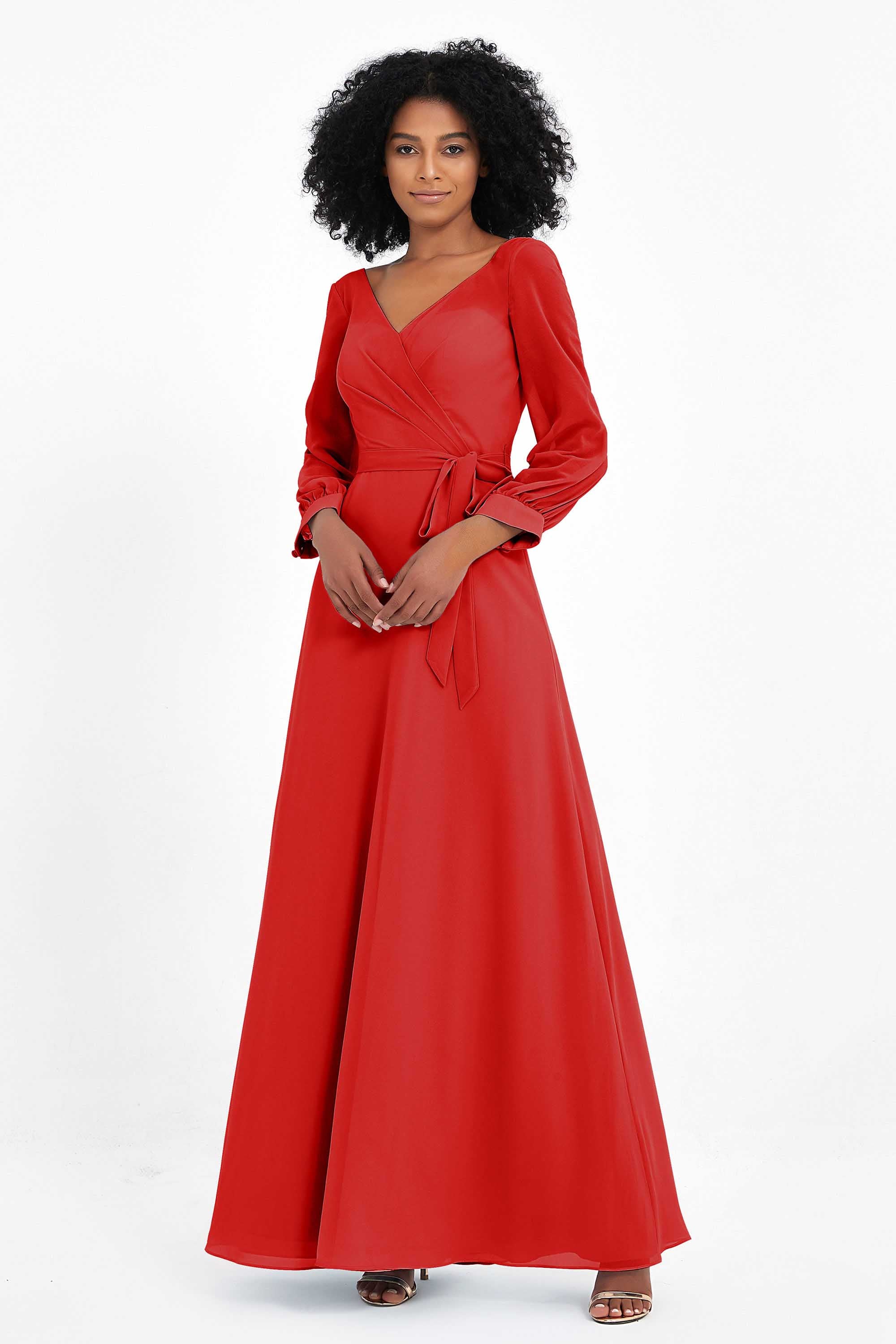 Elegance V Neck Junior Bridesmaid Dress Chiffon Long Sleeves Pleated Sashes Formal Evening Dresses