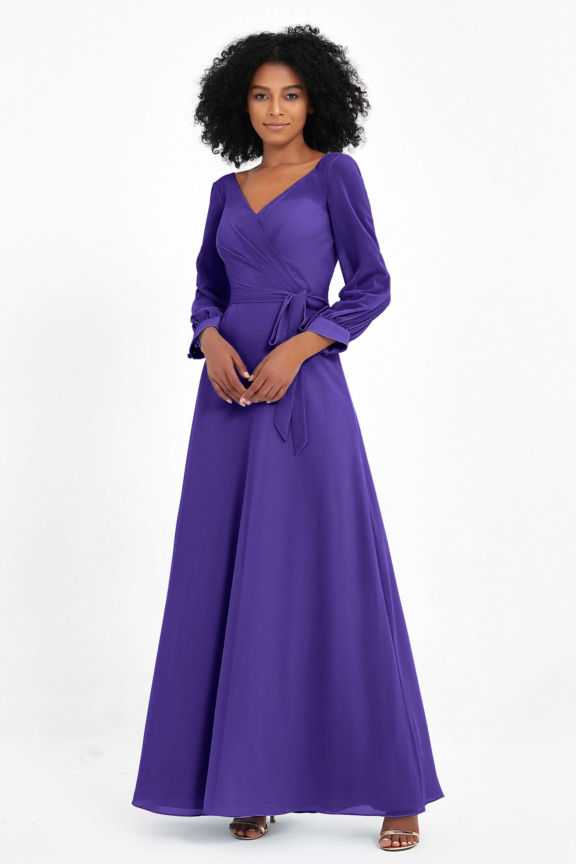 Elegance V Neck Junior Bridesmaid Dress Chiffon Long Sleeves Pleated Sashes Formal Evening Dresses