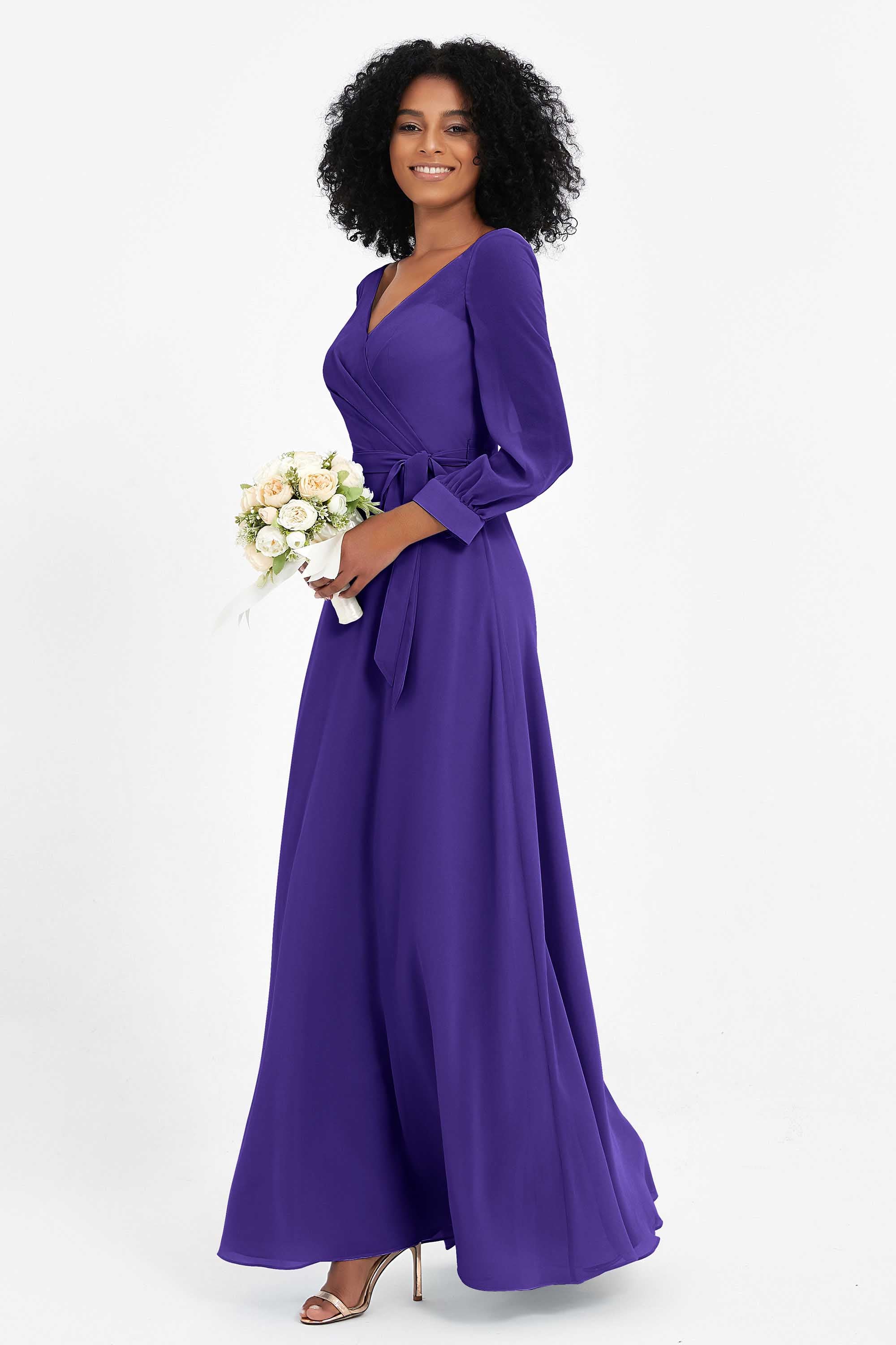 Elegance V Neck Junior Bridesmaid Dress Chiffon Long Sleeves Pleated Sashes Formal Evening Dresses