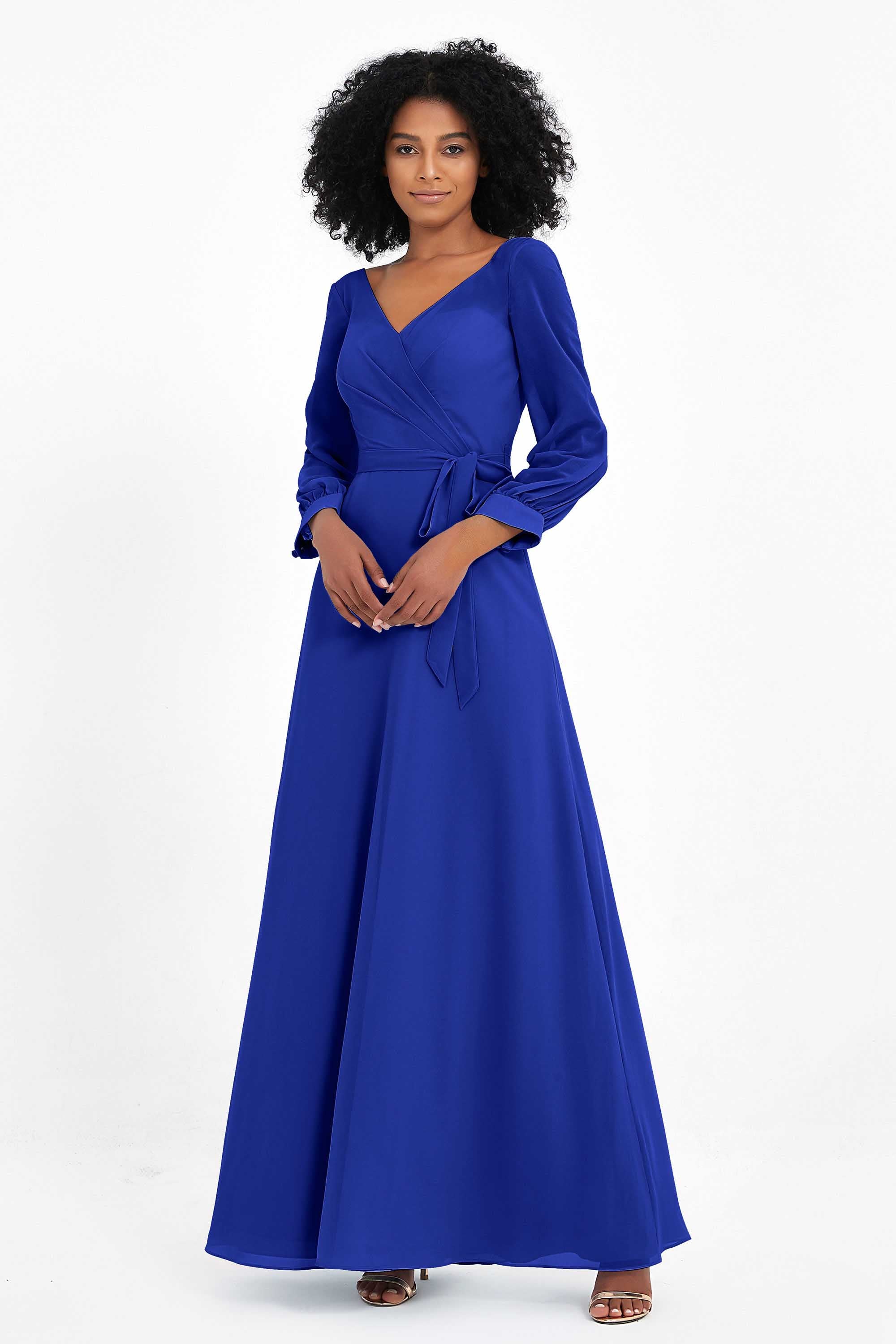 Elegance V Neck Junior Bridesmaid Dress Chiffon Long Sleeves Pleated Sashes Formal Evening Dresses
