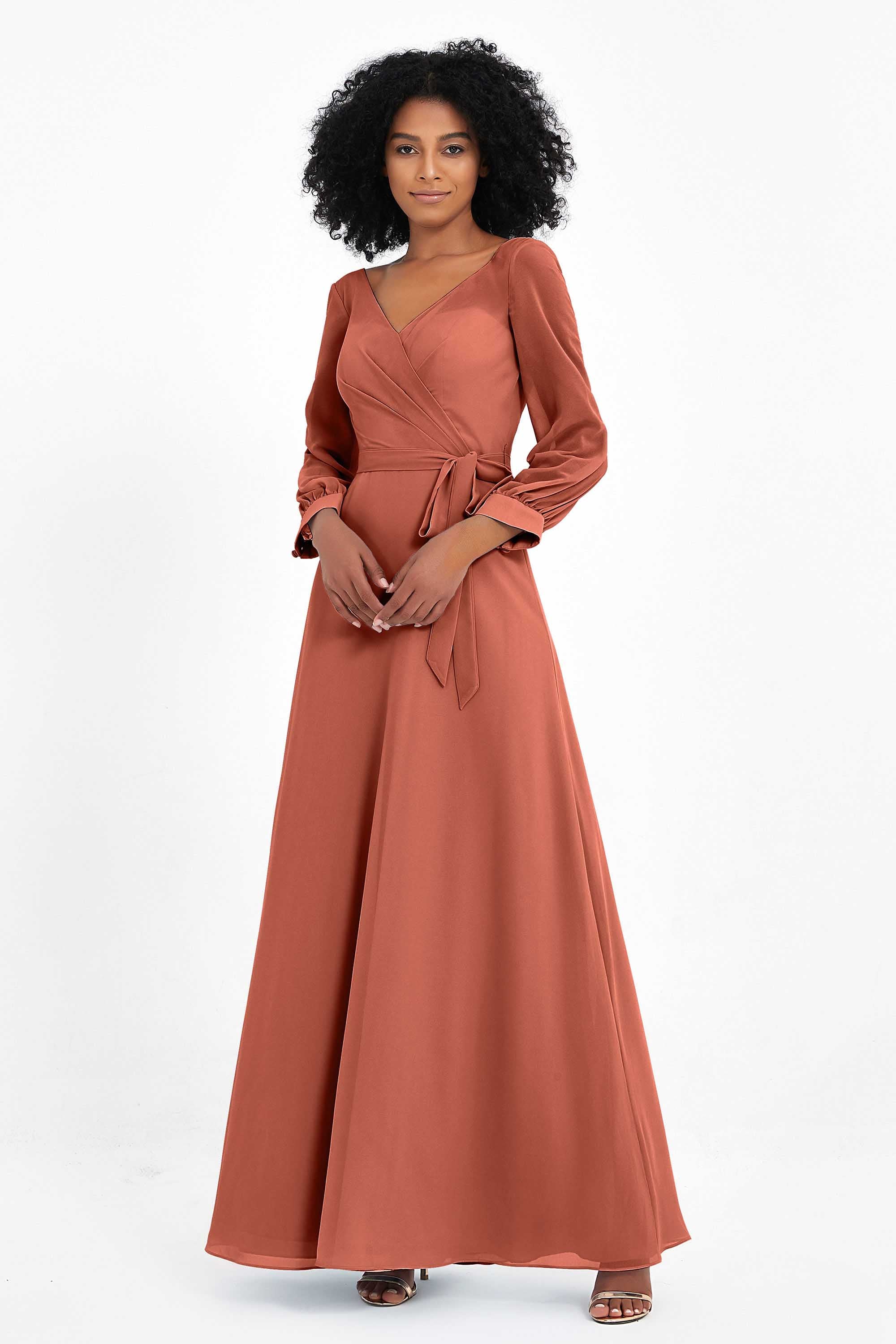 Elegance V Neck Junior Bridesmaid Dress Chiffon Long Sleeves Pleated Sashes Formal Evening Dresses