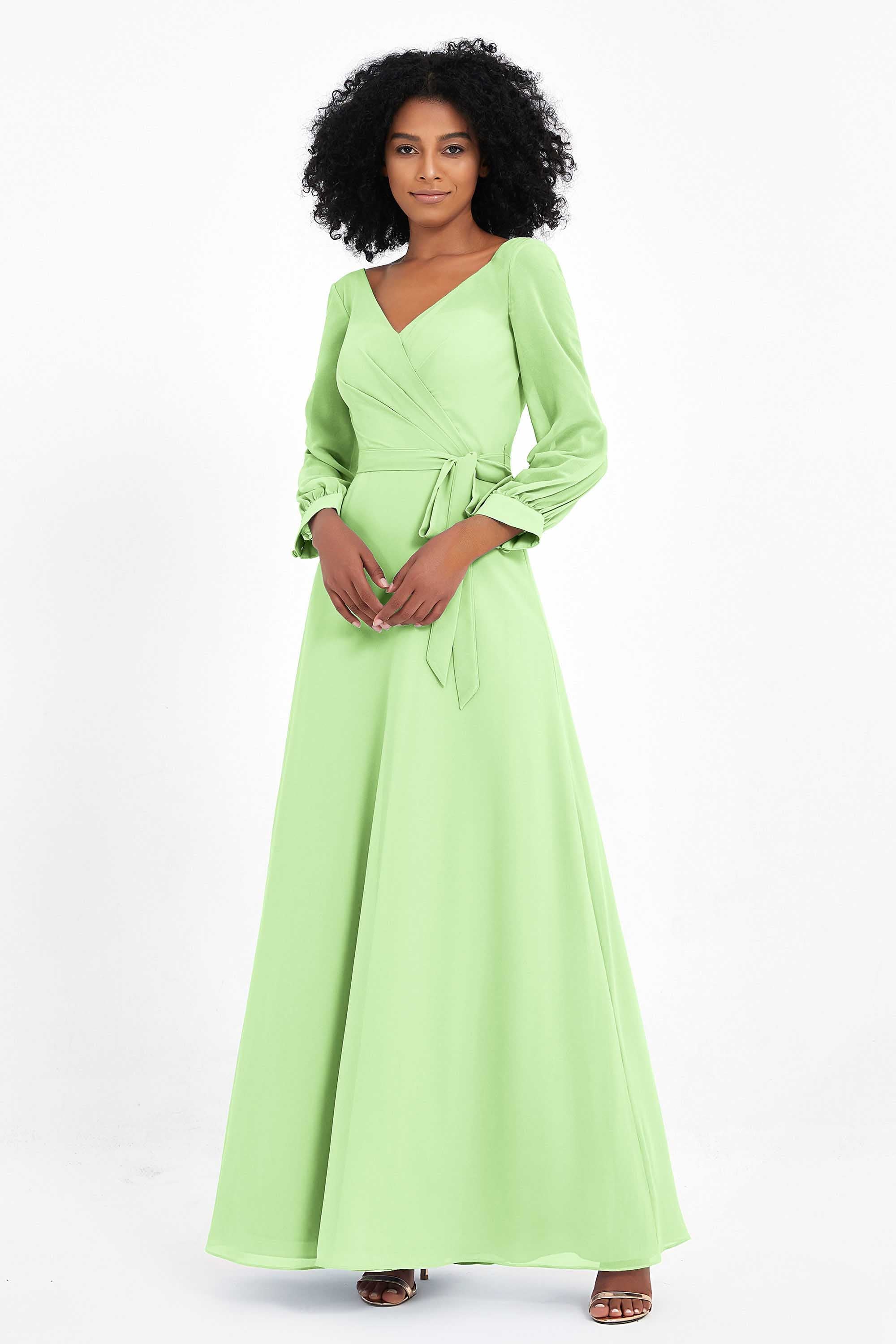 Elegance V Neck Junior Bridesmaid Dress Chiffon Long Sleeves Pleated Sashes Formal Evening Dresses
