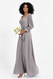 Elegance V Neck Junior Bridesmaid Dress Chiffon Long Sleeves Pleated Sashes Formal Evening Dresses