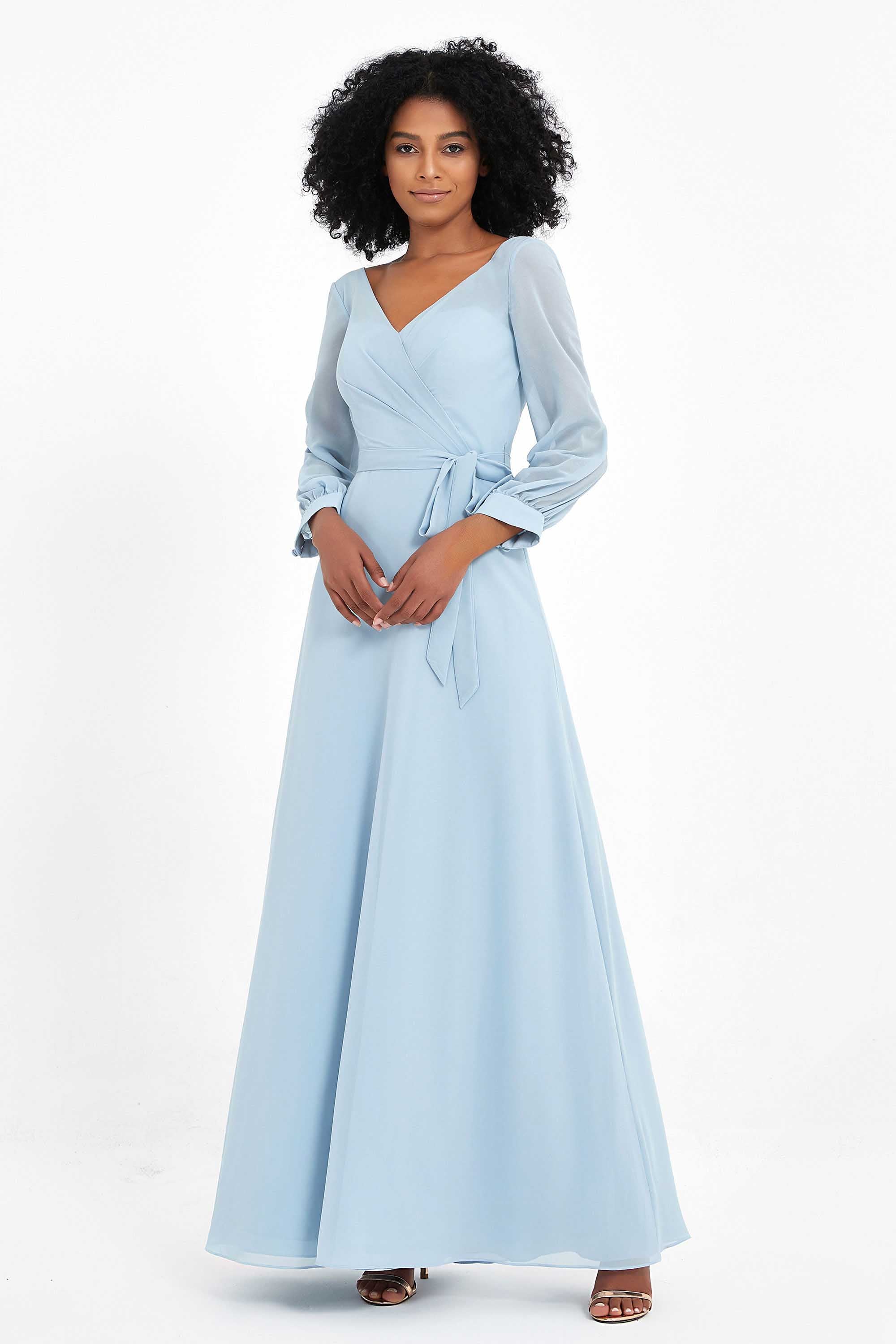 Elegance V Neck Junior Bridesmaid Dress Chiffon Long Sleeves Pleated Sashes Formal Evening Dresses