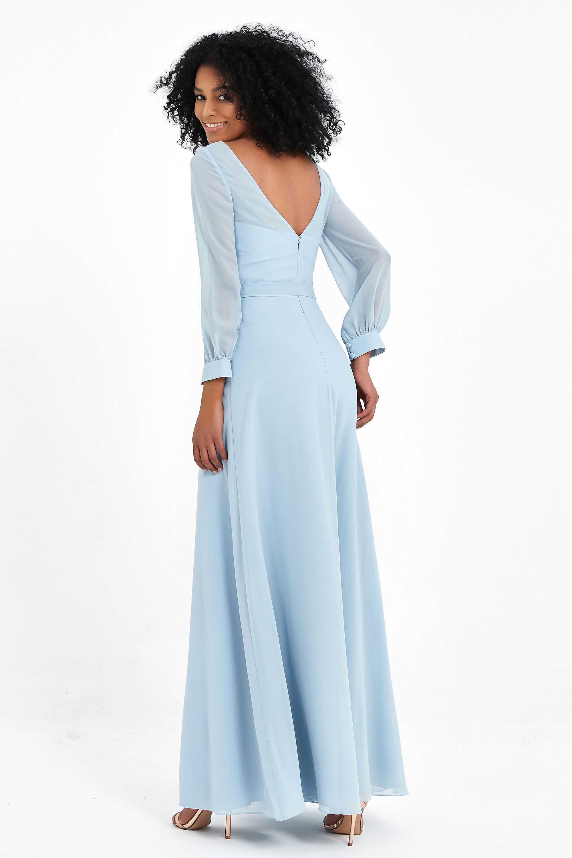Elegance V Neck Junior Bridesmaid Dress Chiffon Long Sleeves Pleated Sashes Formal Evening Dresses