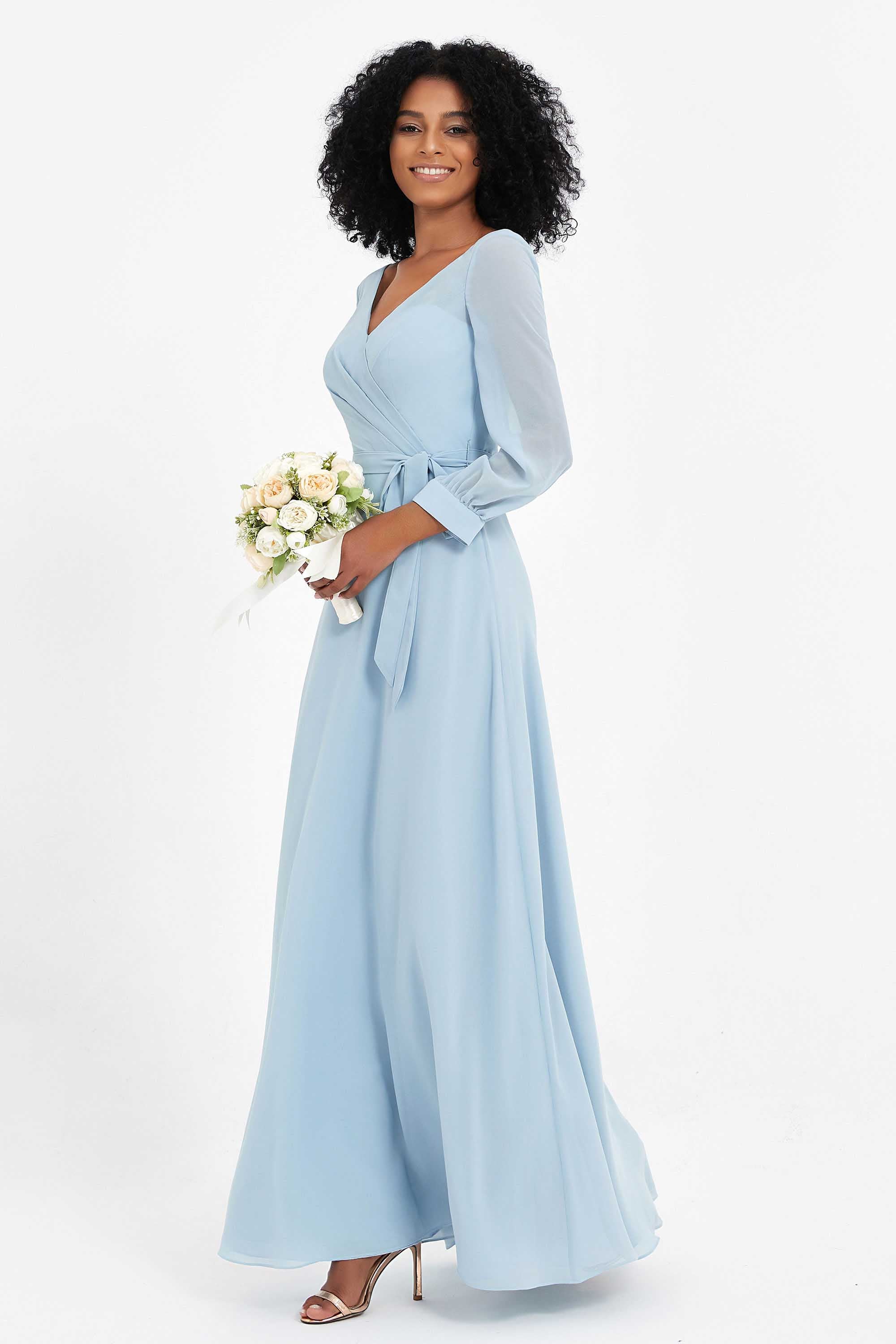 Elegance V Neck Junior Bridesmaid Dress Chiffon Long Sleeves Pleated Sashes Formal Evening Dresses