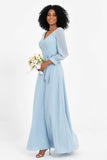 Elegance V Neck Junior Bridesmaid Dress Chiffon Long Sleeves Pleated Sashes Formal Evening Dresses