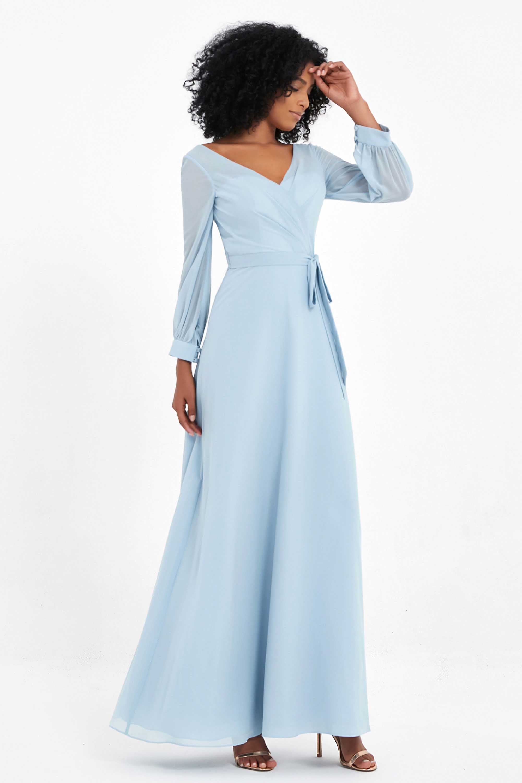 Elegance V Neck Junior Bridesmaid Dress Chiffon Long Sleeves Pleated Sashes Formal Evening Dresses