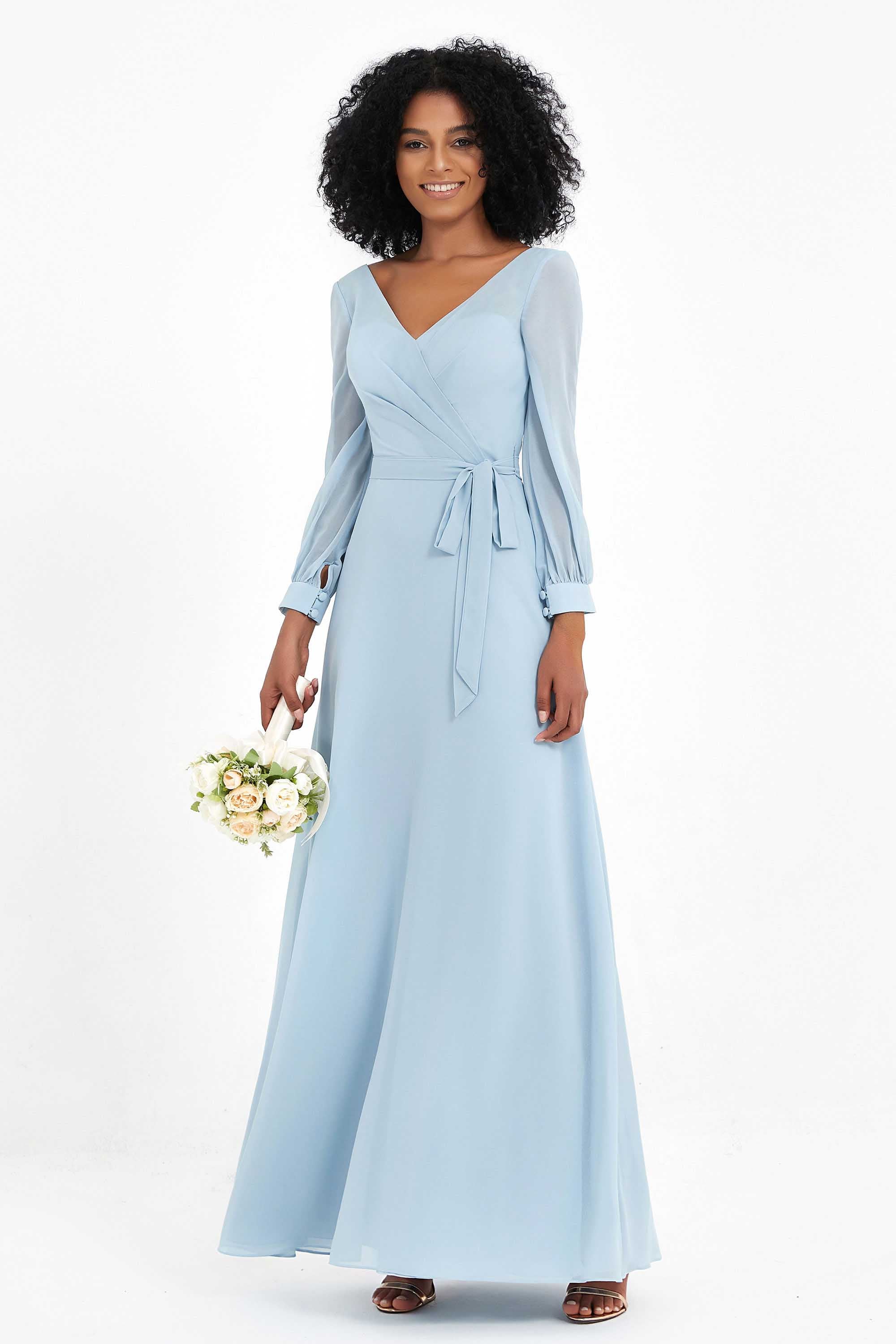 Elegance V Neck Junior Bridesmaid Dress Chiffon Long Sleeves Pleated Sashes Formal Evening Dresses