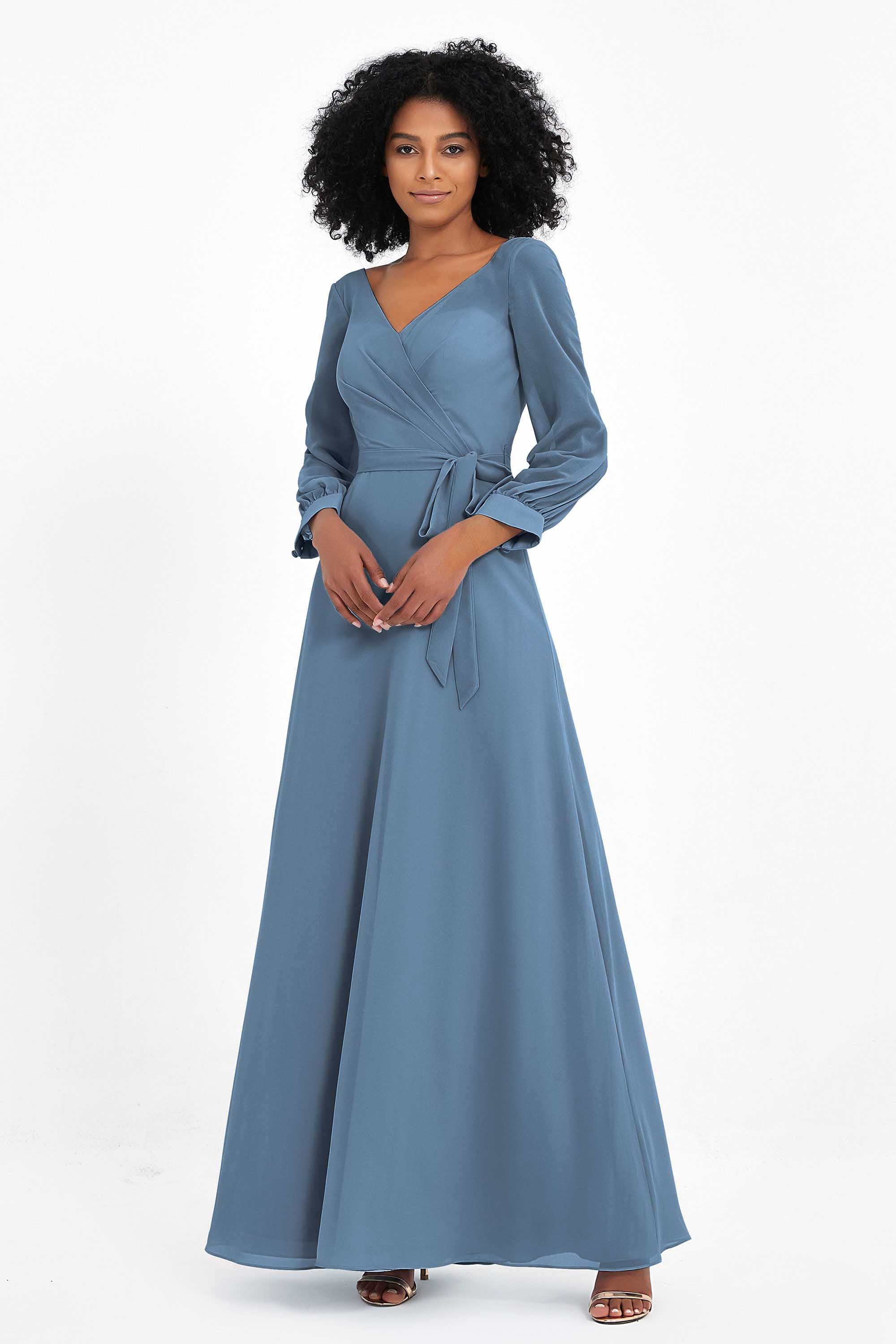 Elegance V Neck Junior Bridesmaid Dress Chiffon Long Sleeves Pleated Sashes Formal Evening Dresses
