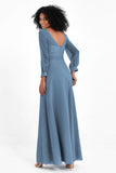 Elegance V Neck Junior Bridesmaid Dress Chiffon Long Sleeves Pleated Sashes Formal Evening Dresses
