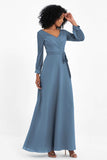 Elegance V Neck Junior Bridesmaid Dress Chiffon Long Sleeves Pleated Sashes Formal Evening Dresses