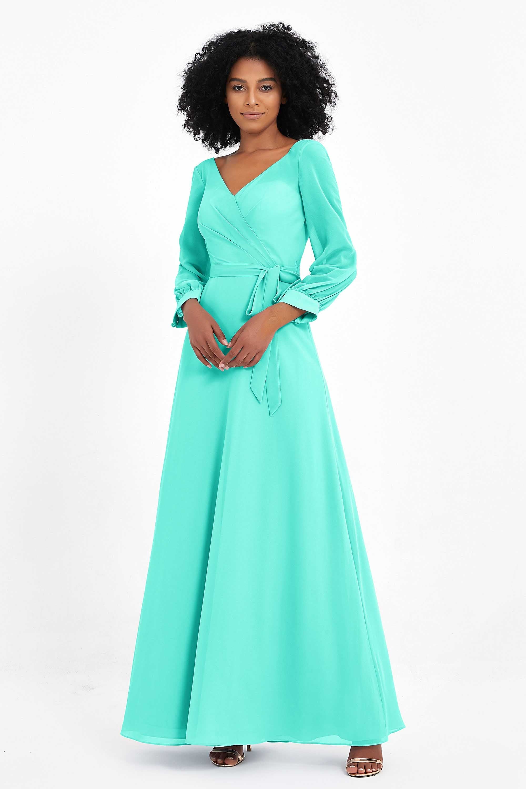 Elegance V Neck Junior Bridesmaid Dress Chiffon Long Sleeves Pleated Sashes Formal Evening Dresses