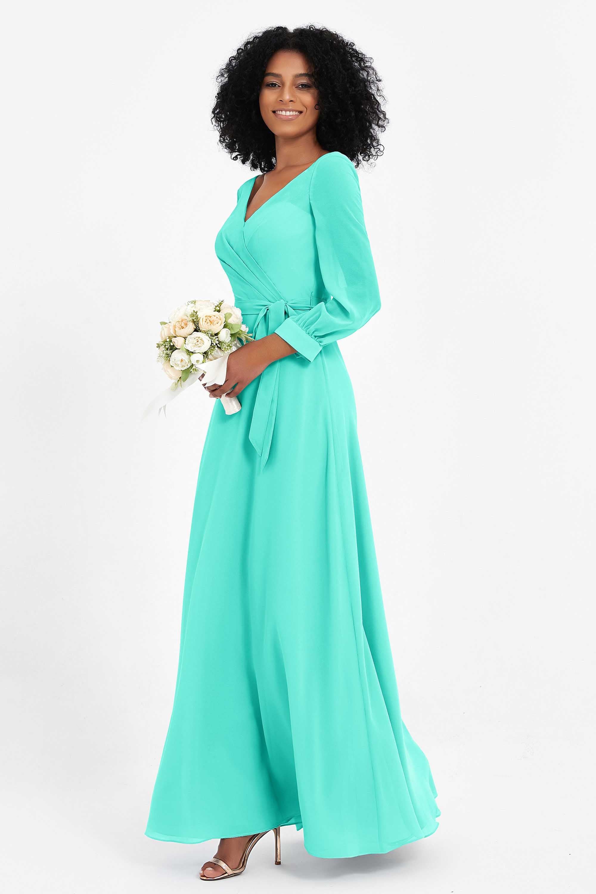 Elegance V Neck Junior Bridesmaid Dress Chiffon Long Sleeves Pleated Sashes Formal Evening Dresses