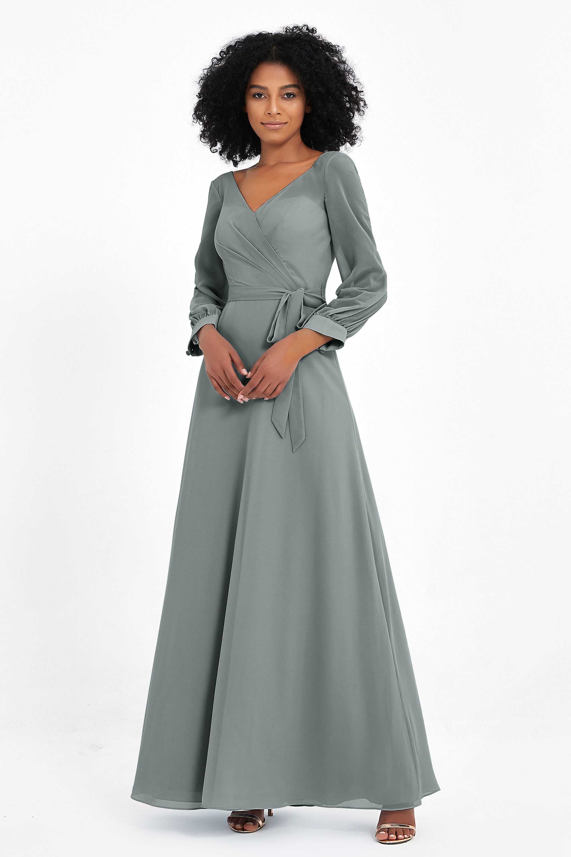 Elegance V Neck Junior Bridesmaid Dress Chiffon Long Sleeves Pleated Sashes Formal Evening Dresses