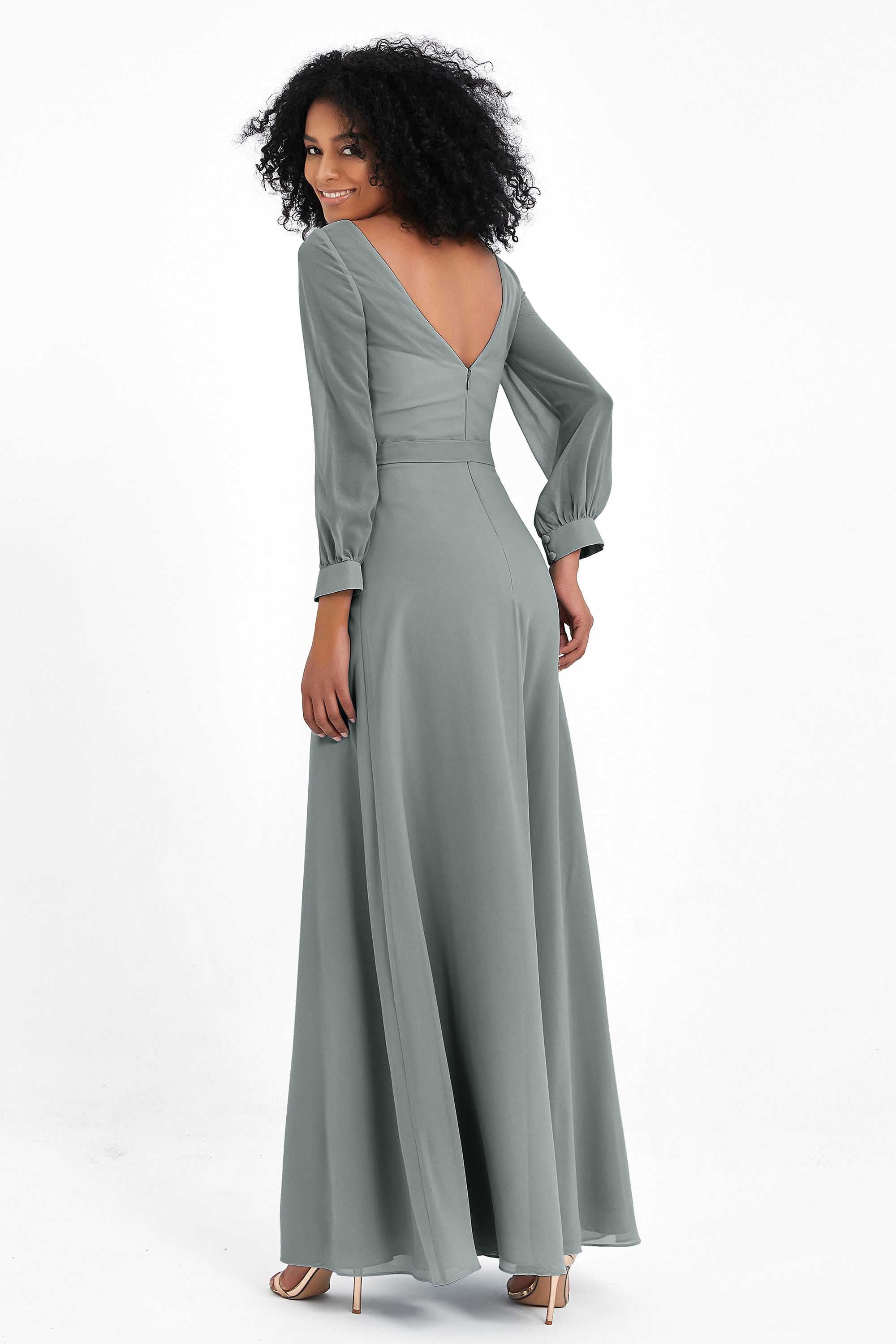 Elegance V Neck Junior Bridesmaid Dress Chiffon Long Sleeves Pleated Sashes Formal Evening Dresses