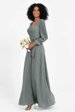 Elegance V Neck Junior Bridesmaid Dress Chiffon Long Sleeves Pleated Sashes Formal Evening Dresses