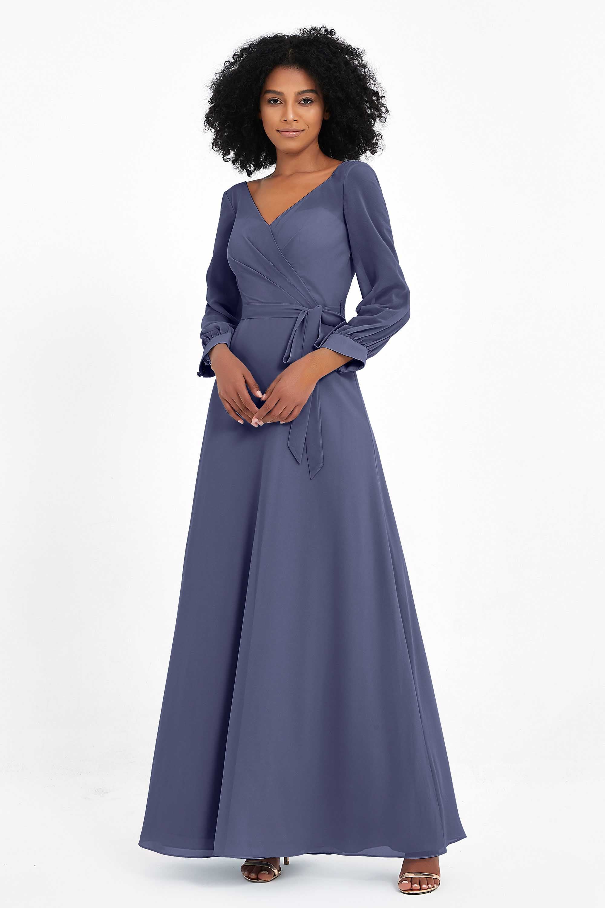 Elegance V Neck Junior Bridesmaid Dress Chiffon Long Sleeves Pleated Sashes Formal Evening Dresses