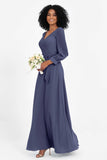 Elegance V Neck Junior Bridesmaid Dress Chiffon Long Sleeves Pleated Sashes Formal Evening Dresses
