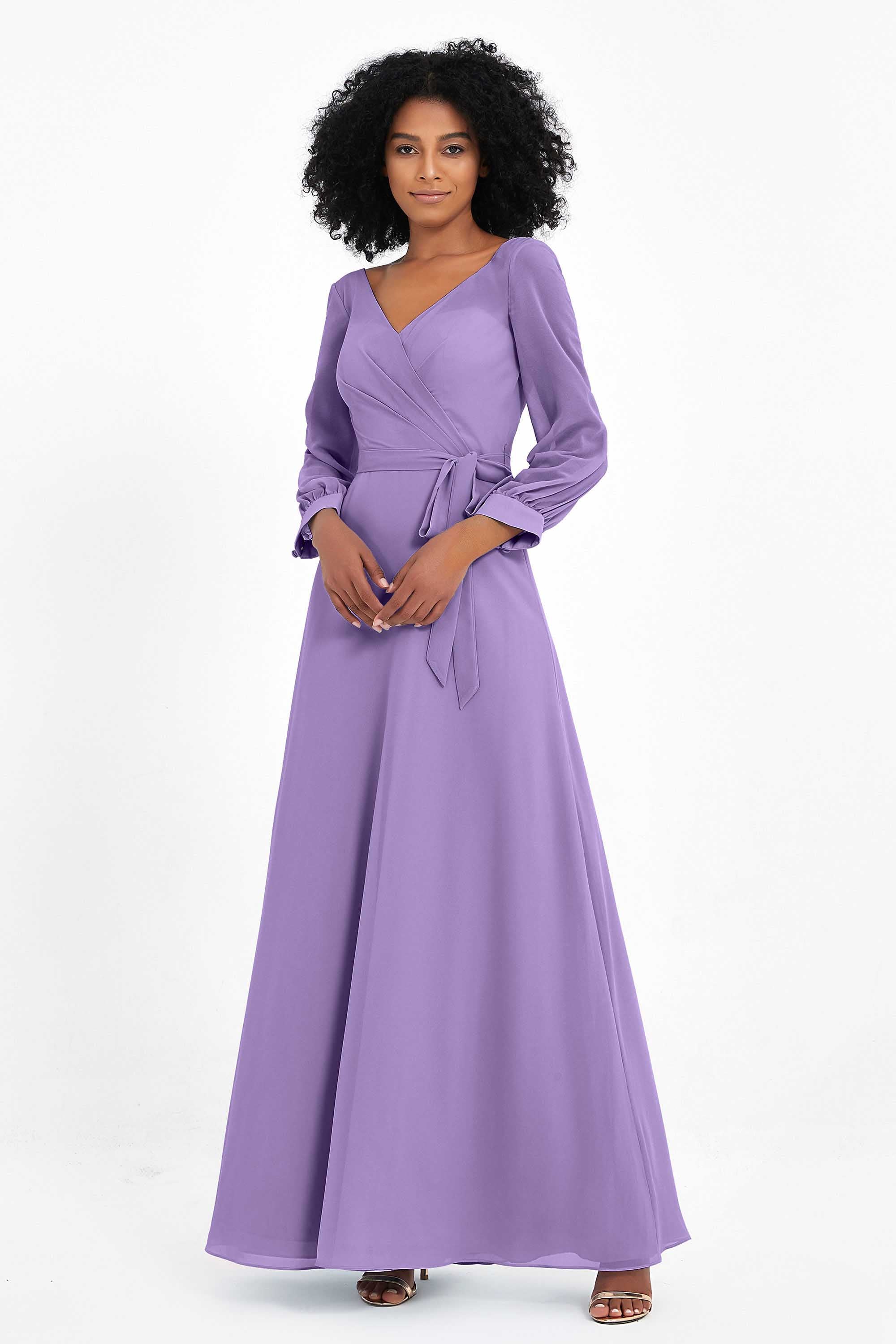 Elegance V Neck Junior Bridesmaid Dress Chiffon Long Sleeves Pleated Sashes Formal Evening Dresses