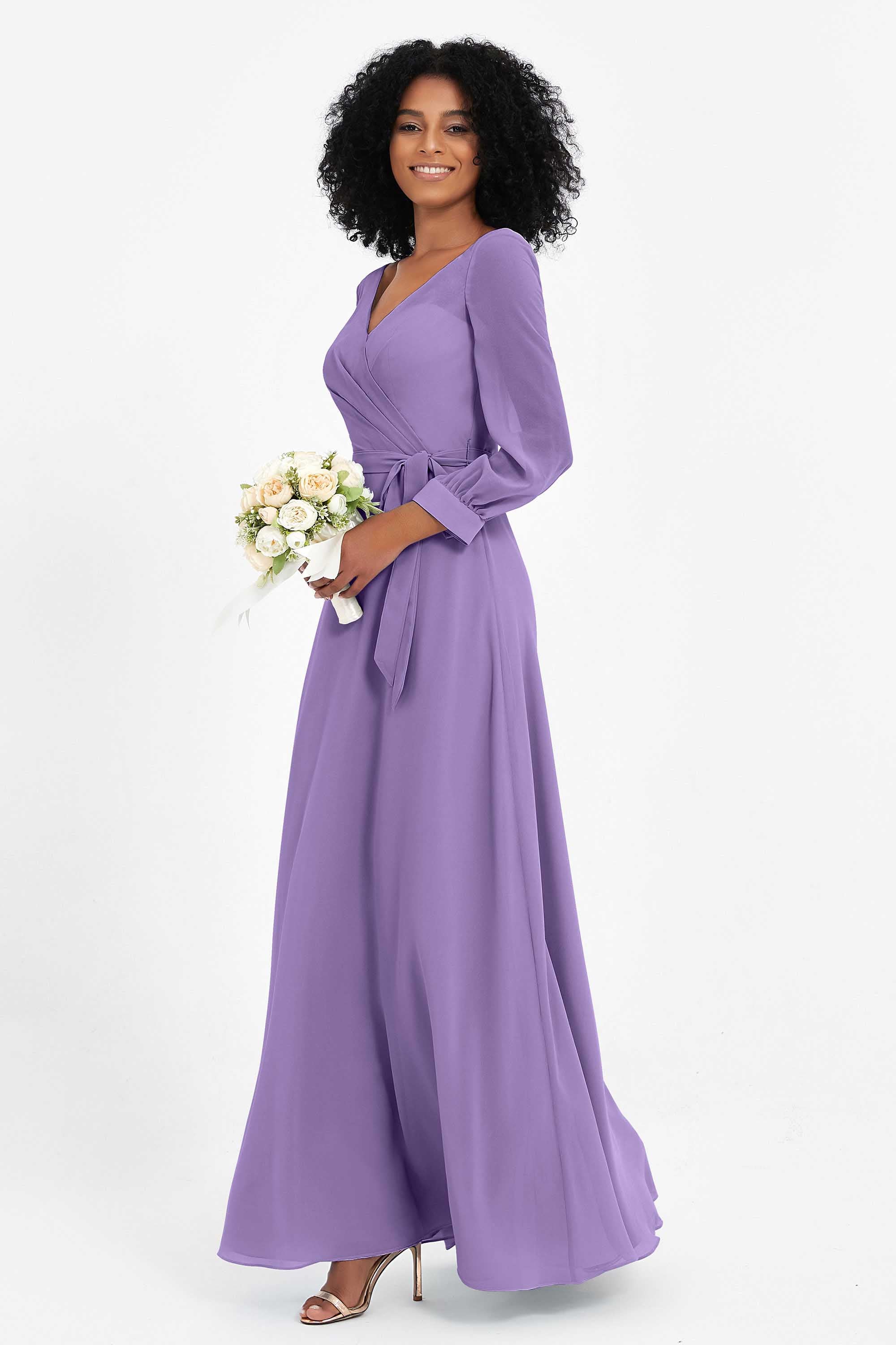 Elegance V Neck Junior Bridesmaid Dress Chiffon Long Sleeves Pleated Sashes Formal Evening Dresses