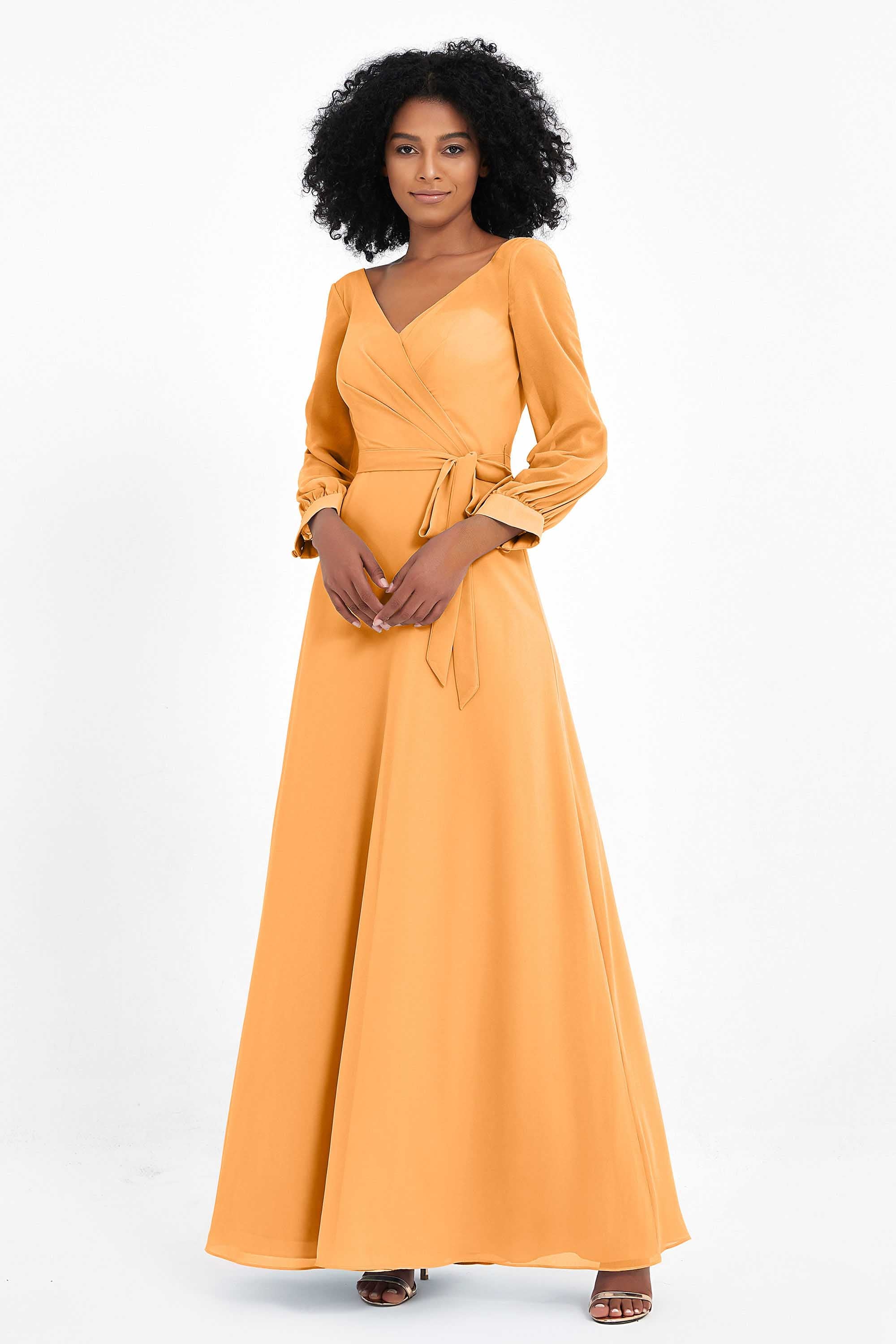 Elegance V Neck Junior Bridesmaid Dress Chiffon Long Sleeves Pleated Sashes Formal Evening Dresses