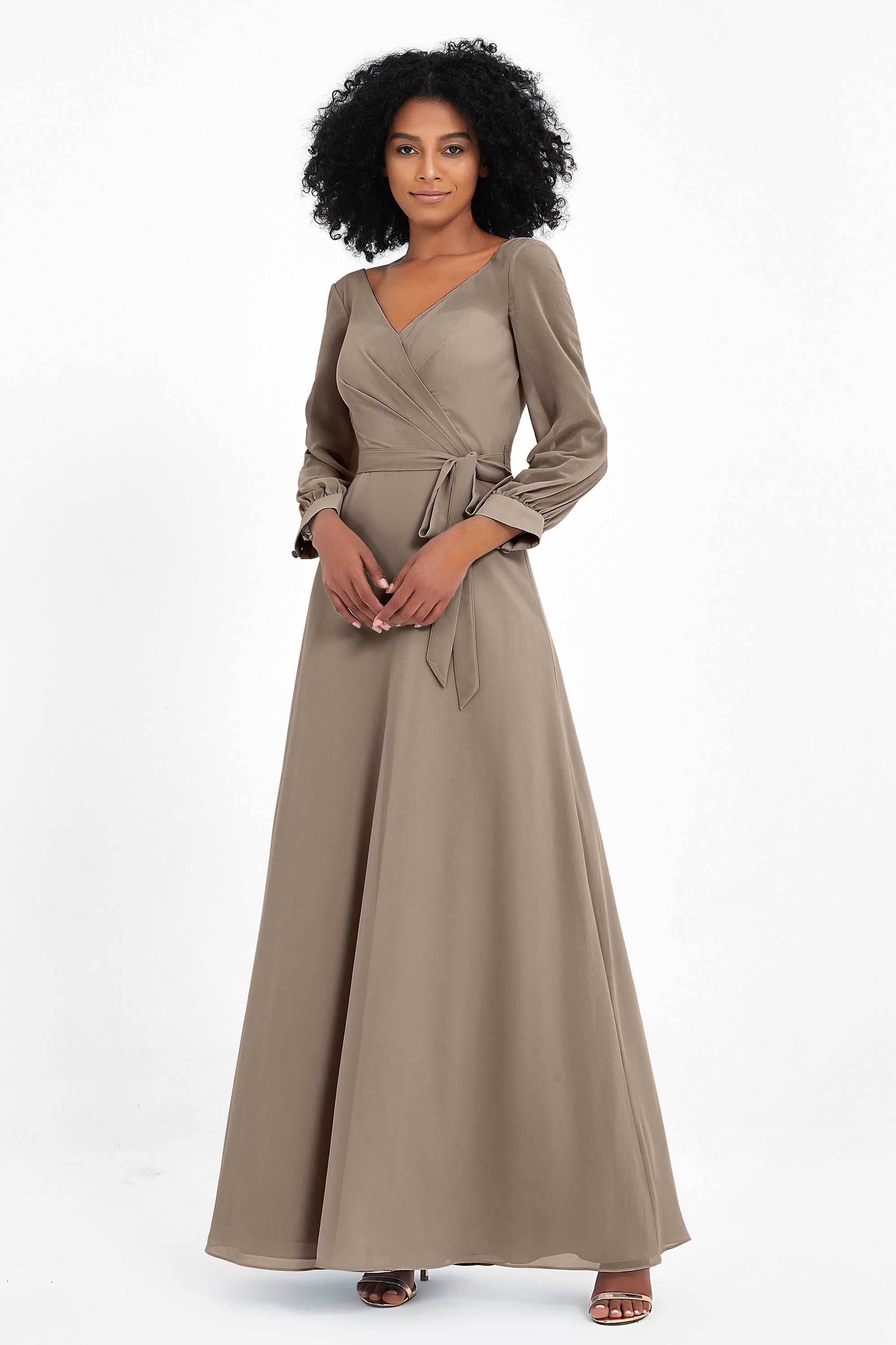 Elegance V Neck Junior Bridesmaid Dress Chiffon Long Sleeves Pleated Sashes Formal Evening Dresses