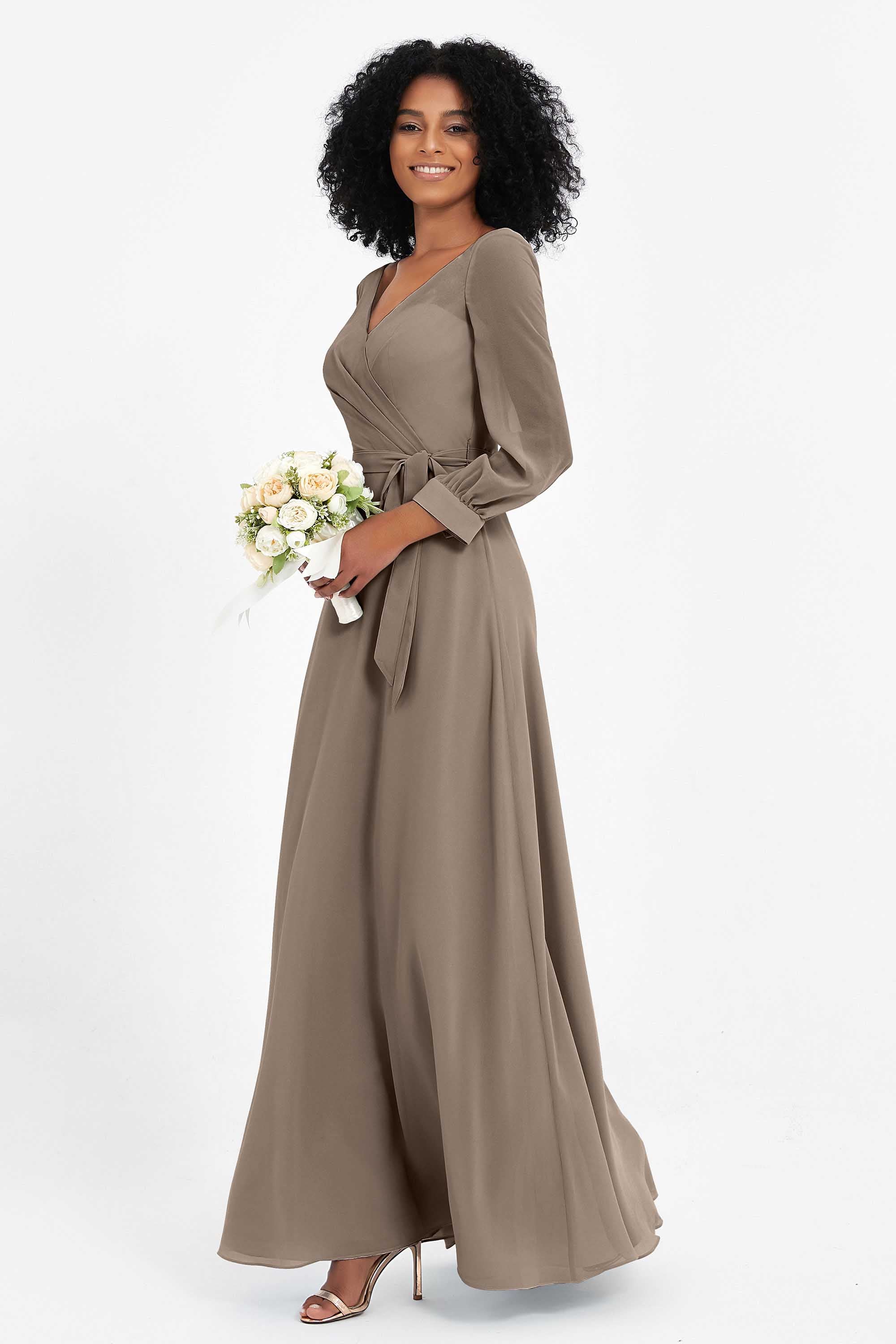 Elegance V Neck Junior Bridesmaid Dress Chiffon Long Sleeves Pleated Sashes Formal Evening Dresses