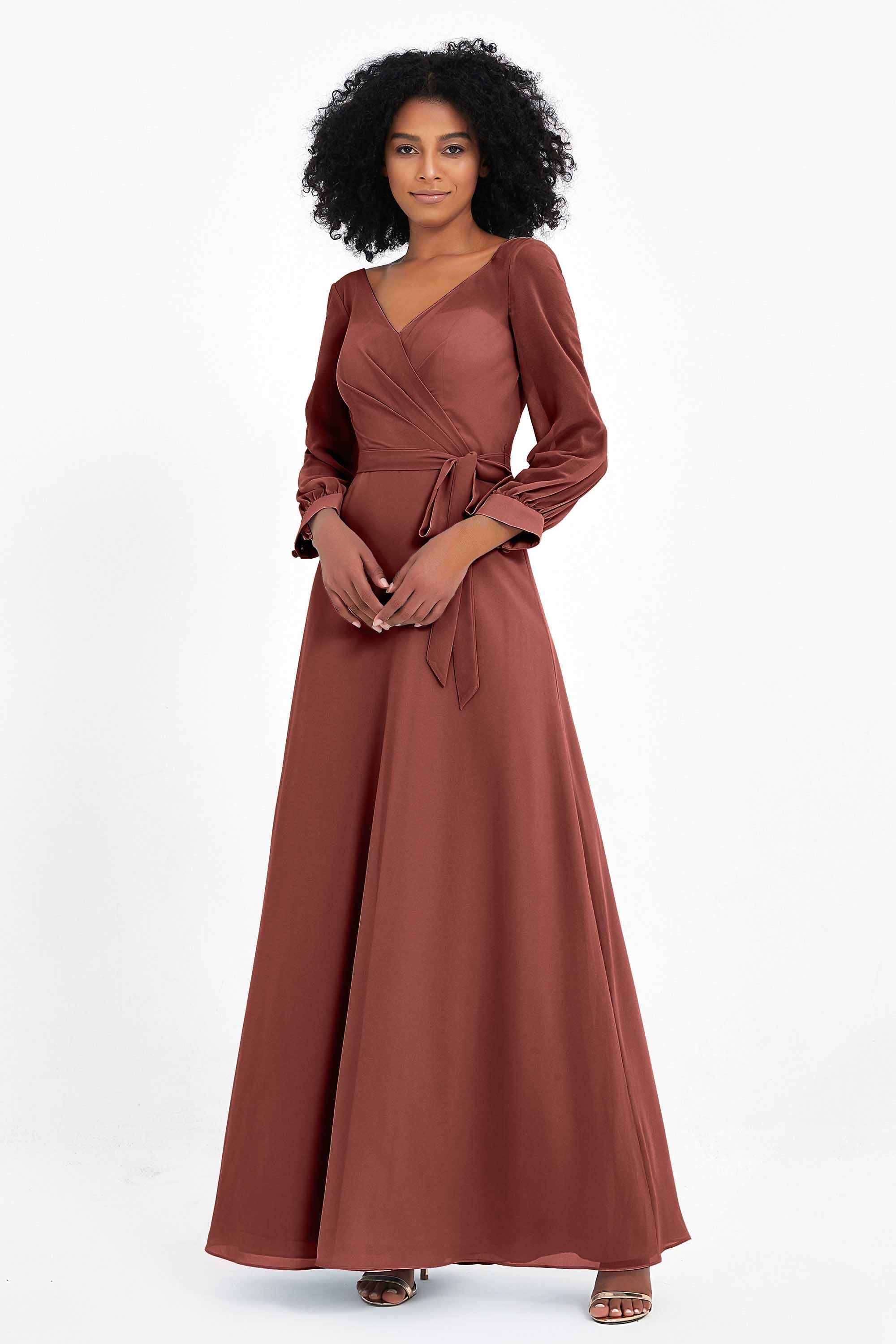 Elegance V Neck Junior Bridesmaid Dress Chiffon Long Sleeves Pleated Sashes Formal Evening Dresses