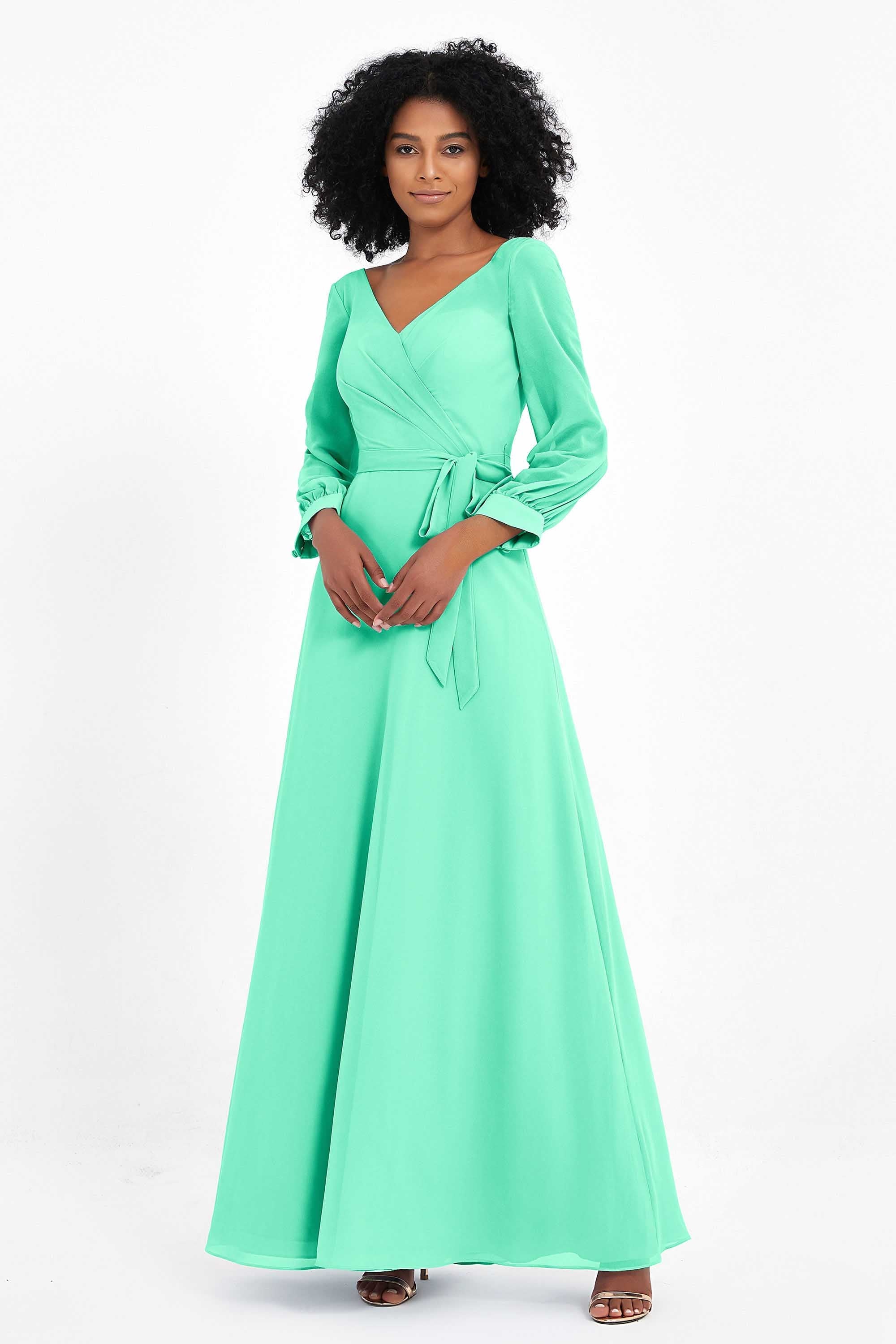 Elegance V Neck Junior Bridesmaid Dress Chiffon Long Sleeves Pleated Sashes Formal Evening Dresses