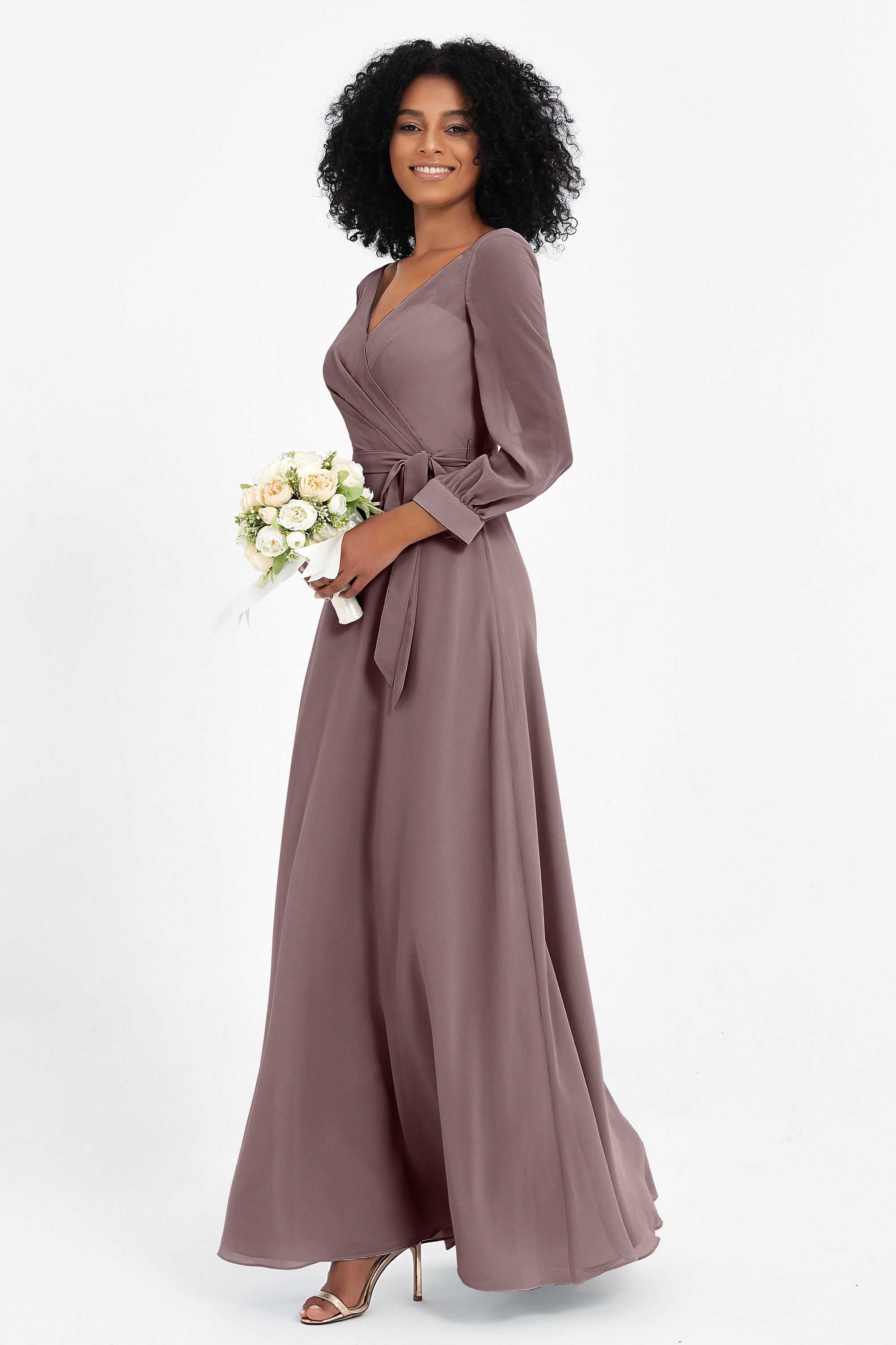 Elegance V Neck Junior Bridesmaid Dress Chiffon Long Sleeves Pleated Sashes Formal Evening Dresses